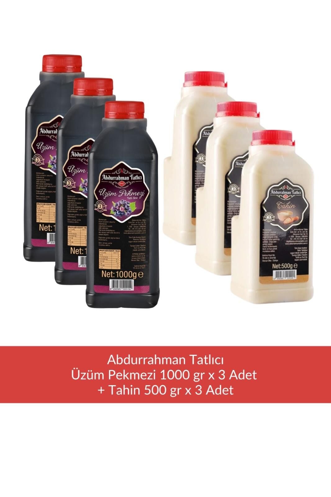 Abdurrahman Tatlıcı Üzüm Pekmezi 1000 gr x 3 Adet + Abdurrahman Tatlıcı Tahin 500 gr x 3 Adet