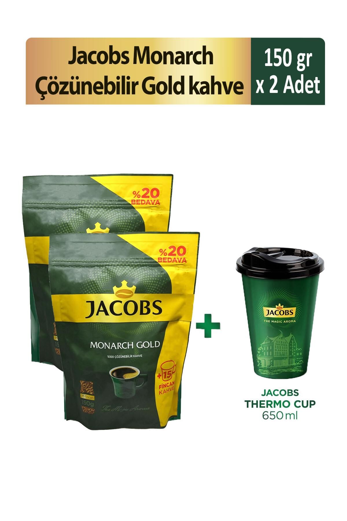 Jacobs Monarch Gold Çözünebilir Kahve 150 gr x 2 Adet + Thermo Cup 650 ml