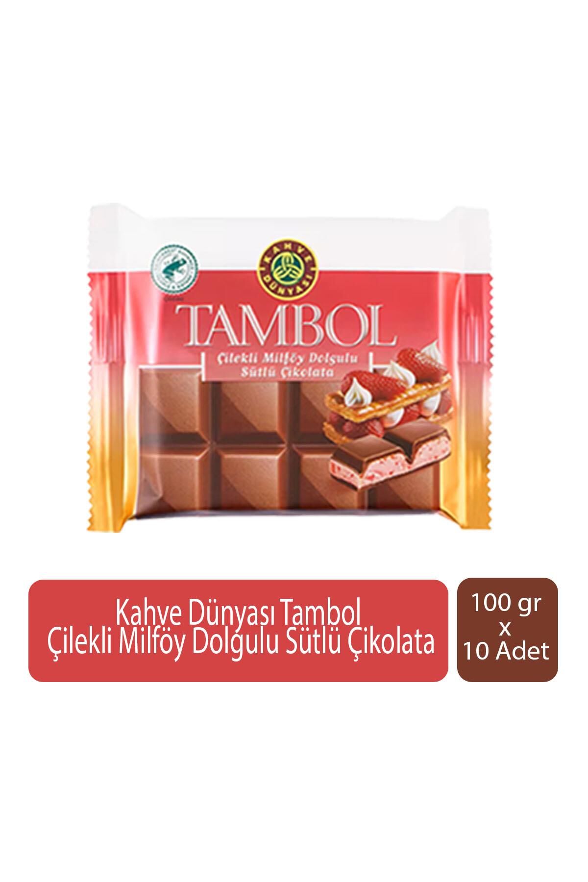 Kahve Dünyası Tambol Çilekli Milföy Dolgulu Sütlü Çikolata 100 gr x 10 Adet
