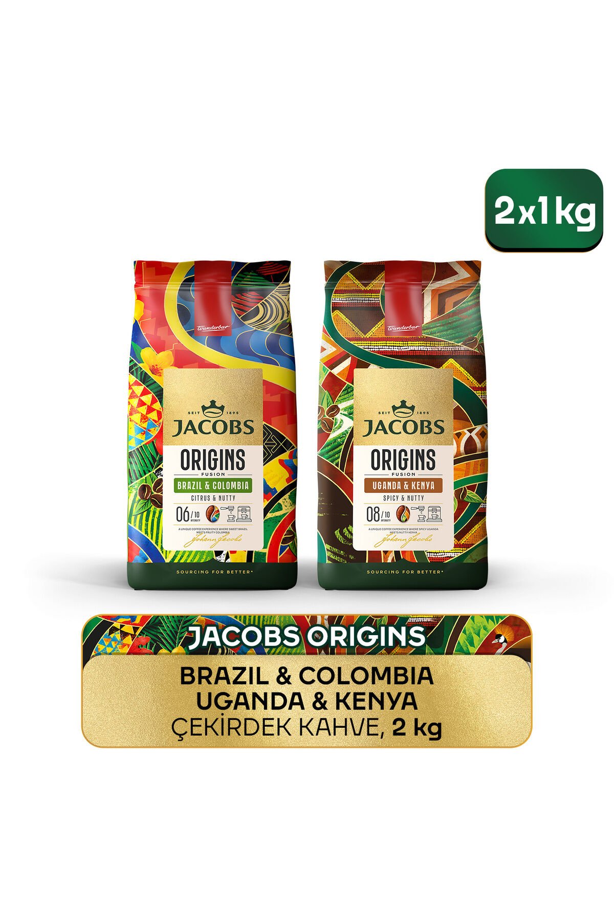 Jacobs Origins Brazil & Colombia + Uganda & Kenya Çekirdek Kahve 1 Kg 2'li Paket