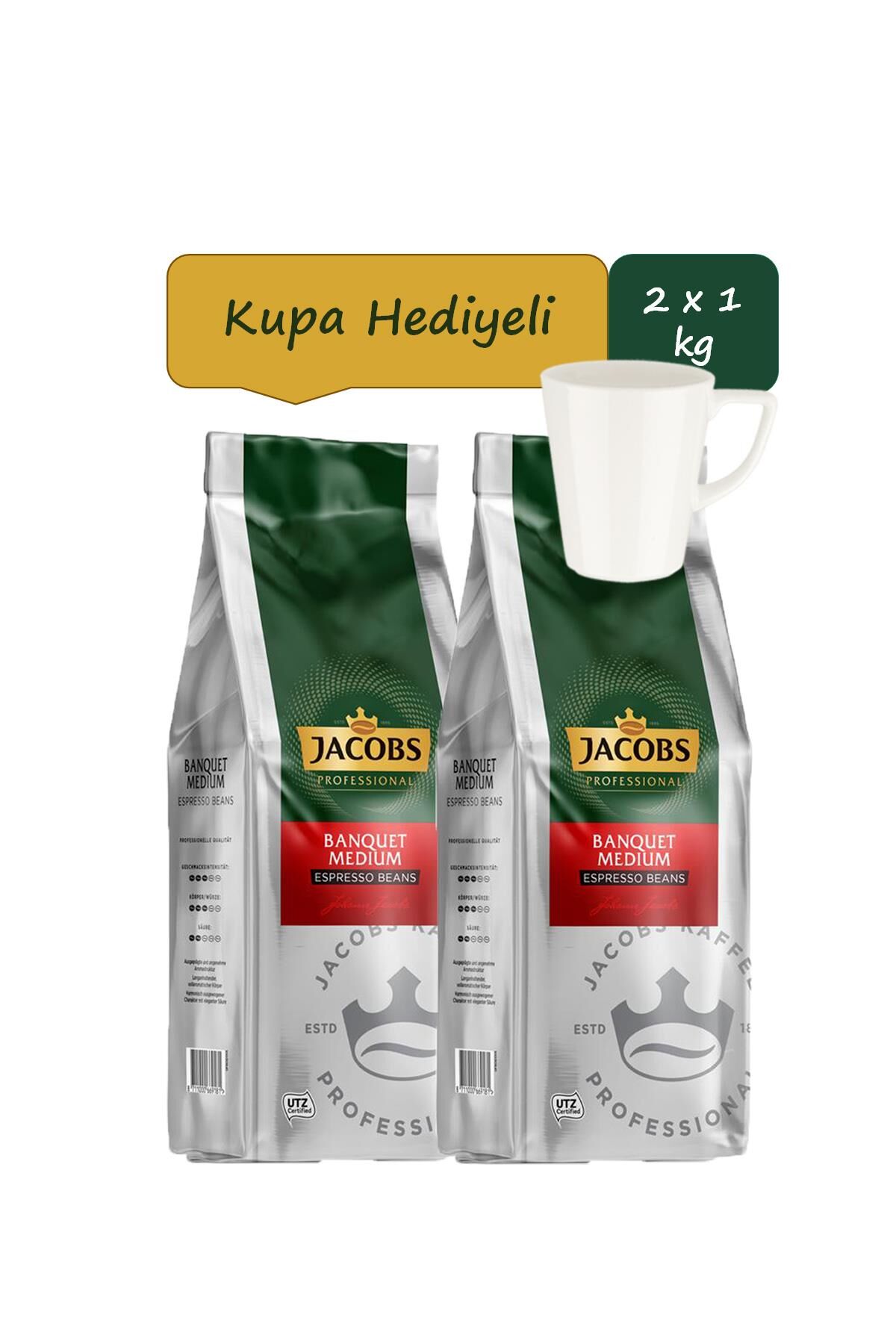 Jacobs Banquet Medium Espresso Beans Çekirdek Kahve 1 kg x 2 Adet + Porselen Kupa Hediyeli