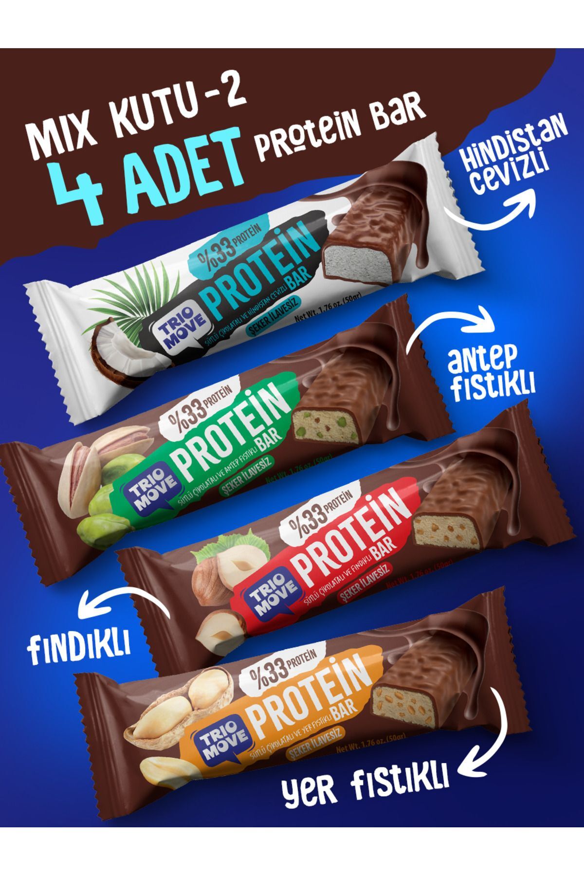 TrioMove Çikolata Kaplamalı Protein Bar 4'lü Karışık Tanışma Paketi 50 gr x 4 Adet