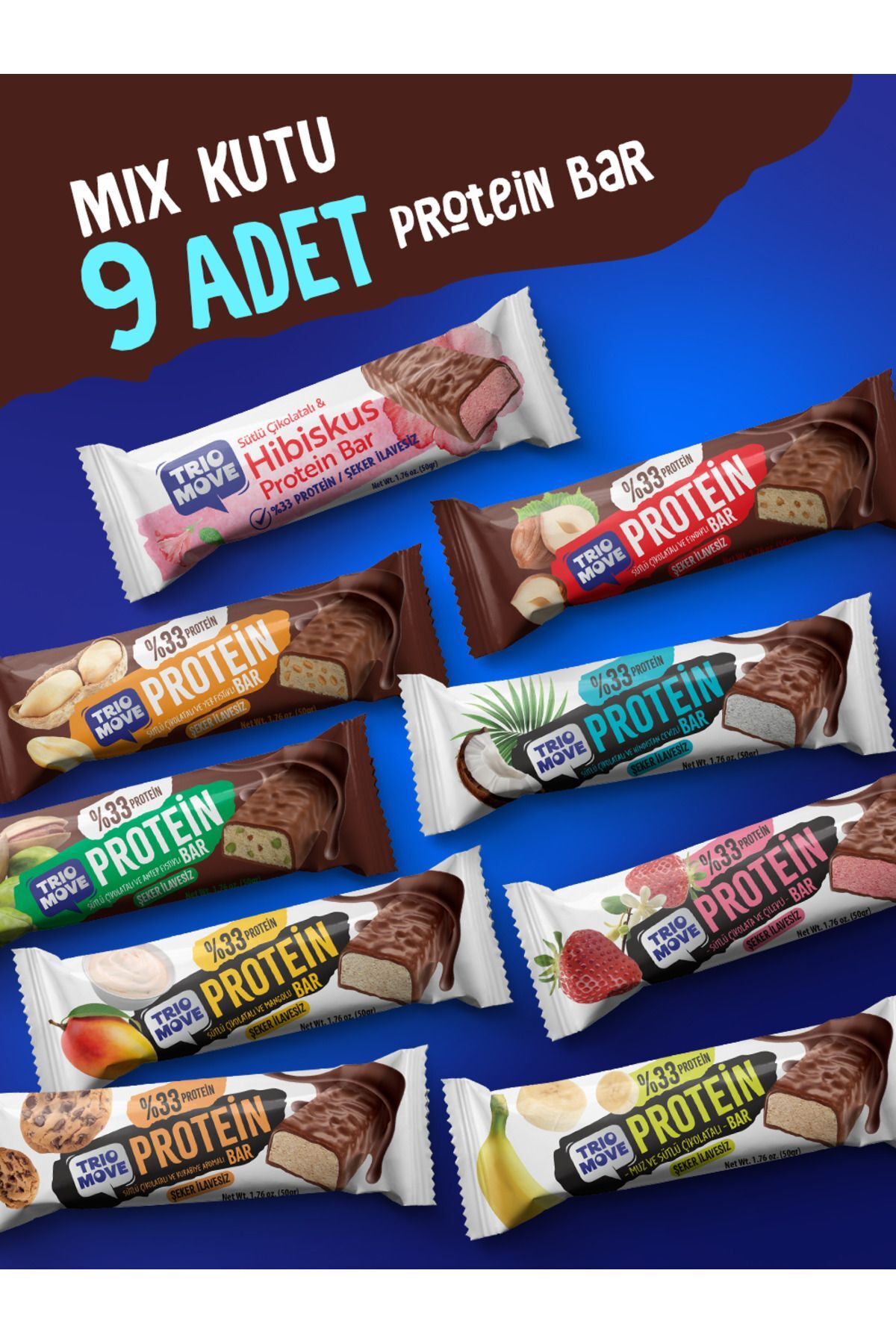 TrioMove Çikolata Kaplamalı Protein Bar 9'lu Tanışma Paketi 50 gr x 9 Adet