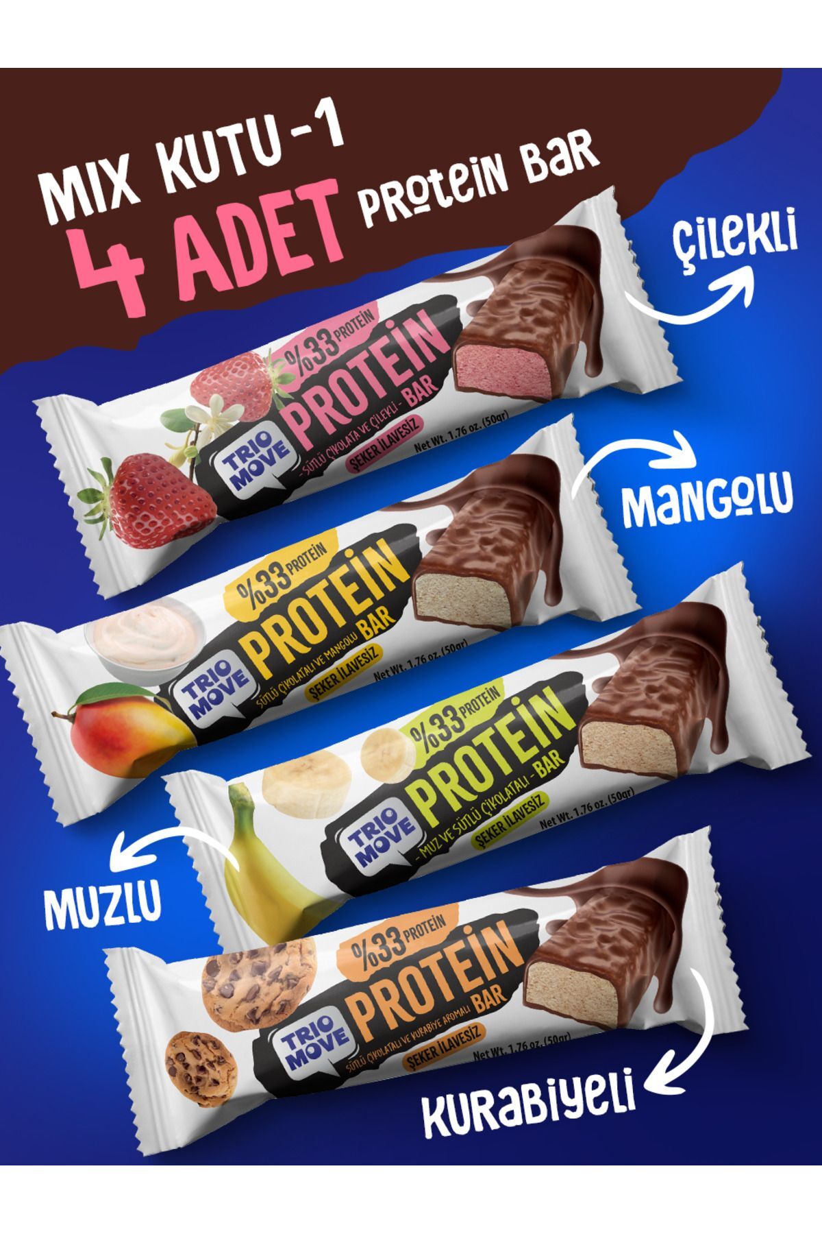 TrioMove Çikolata Kaplamalı Protein Bar 4'lü Karışık Tanışma Paketi 50 gr x 4 Adet