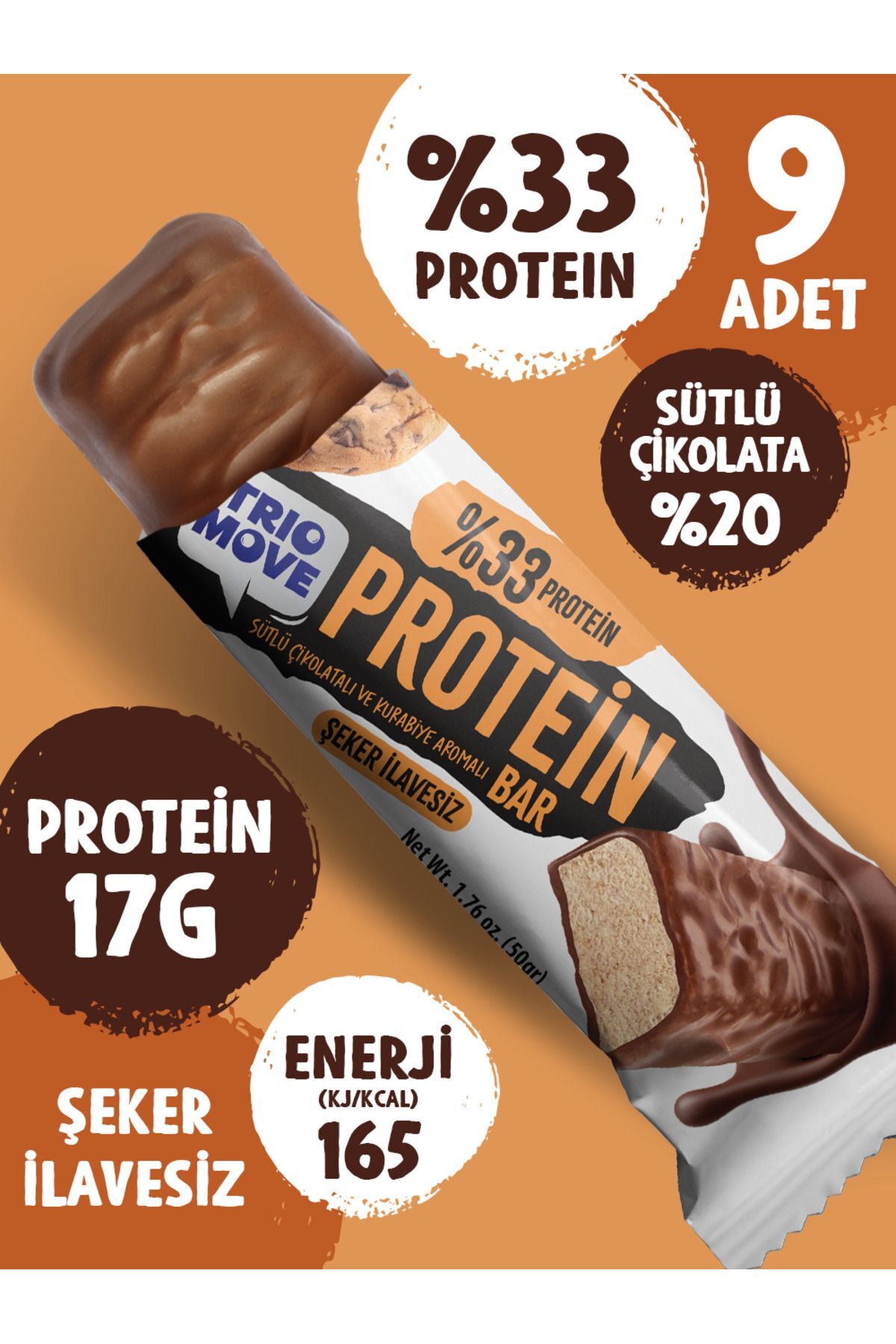 TrioMove Protein Bar - Kurabiyeli ve Sütlü Çikolatalı, %33 Protein, 50 gr x 9 Adet