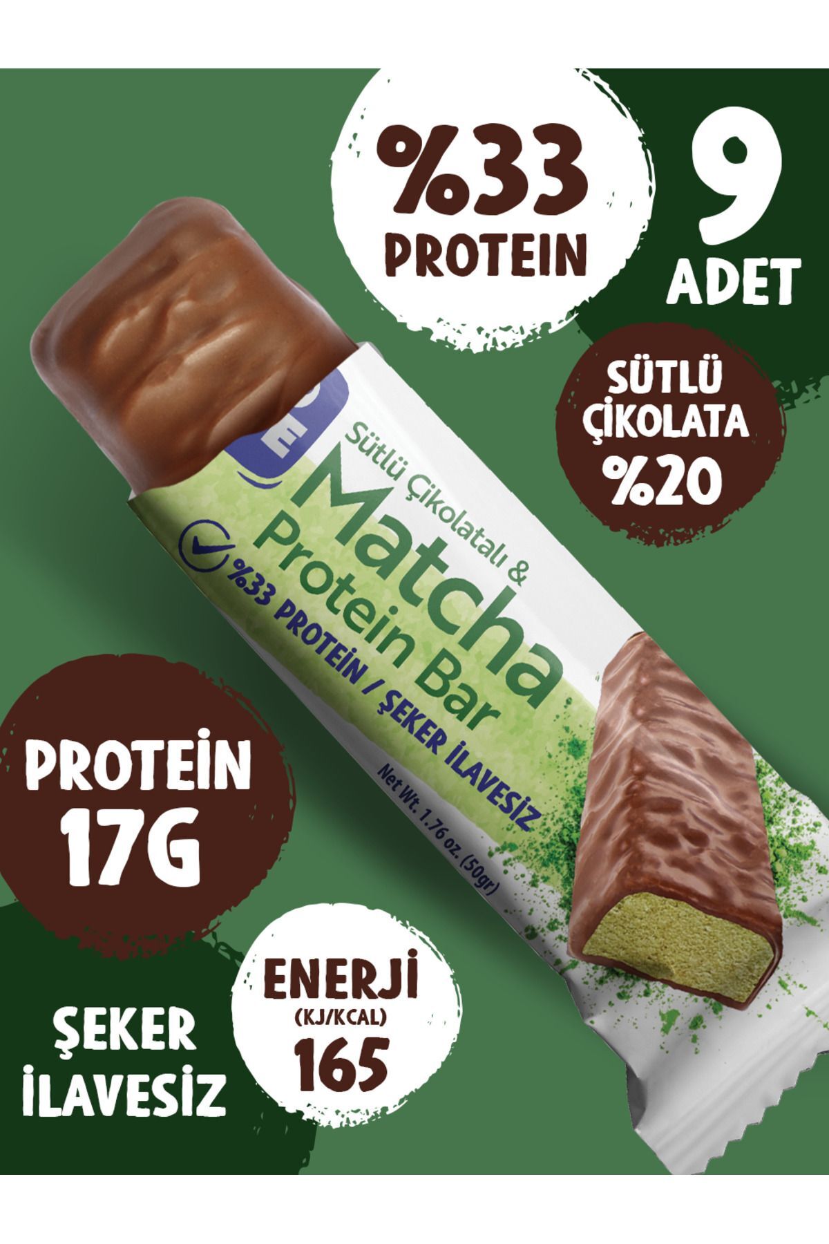 TrioMove Protein Bar - Matcha ve Sütlü Çikolatalı, %33 Protein, 50 gr x 9 Adet
