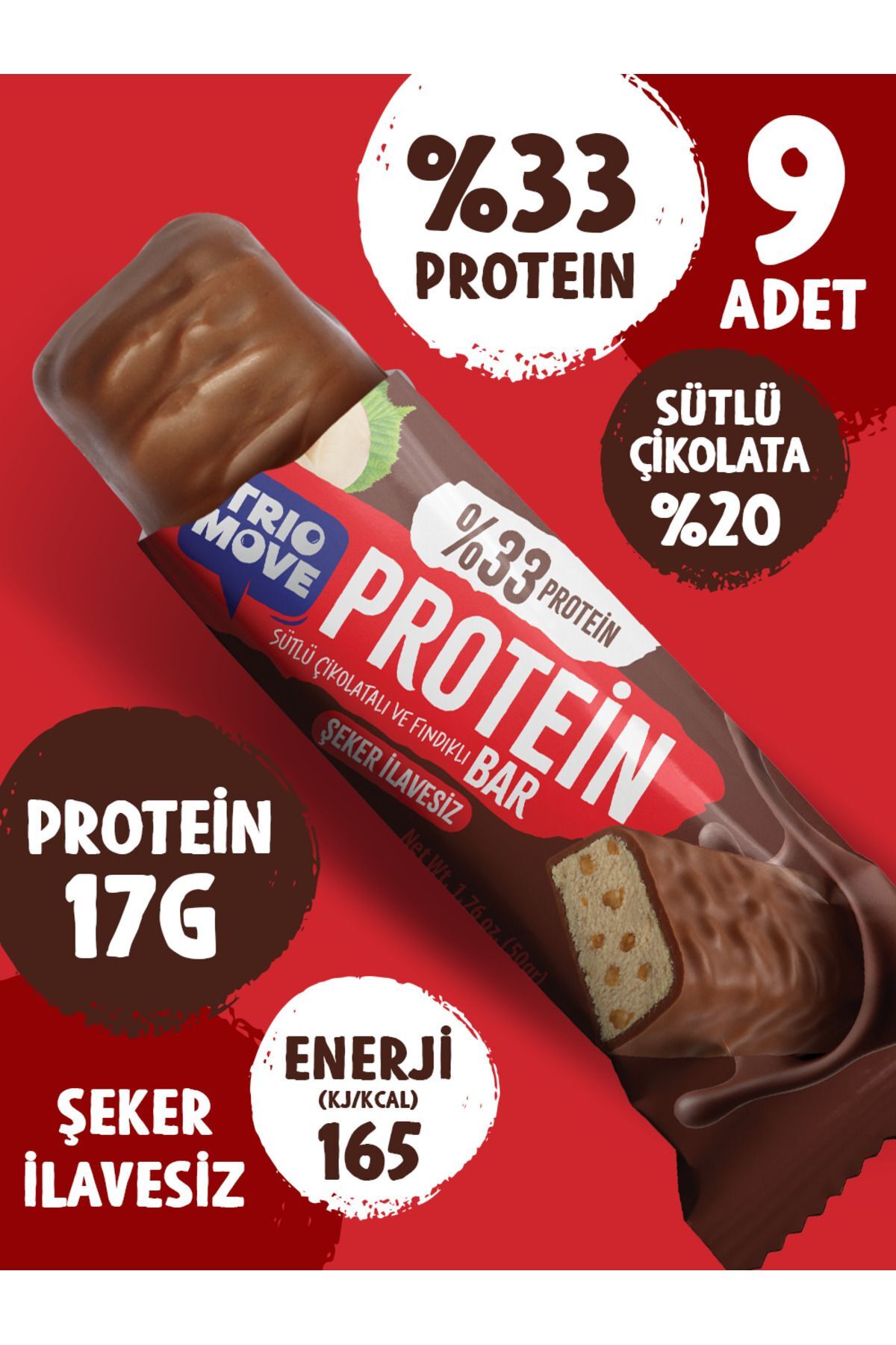 TrioMove Protein Bar - Fındıklı ve Sütlü Çikolatalı, %33 Protein, 50 gr x 9 Adet