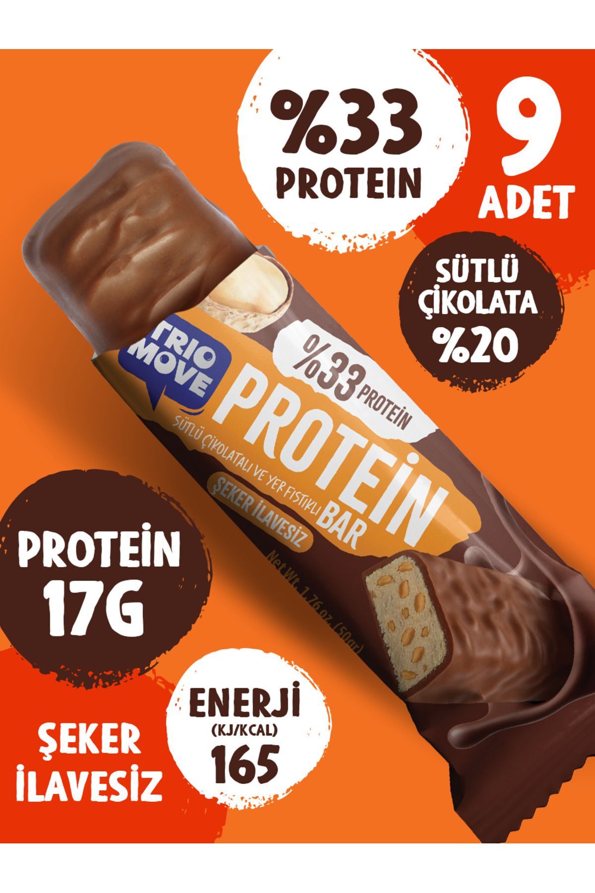 TrioMove Protein Bar - Yer Fıstıklı ve Sütlü Çikolatalı, %33 Protein, 50 gr x 9 Adet