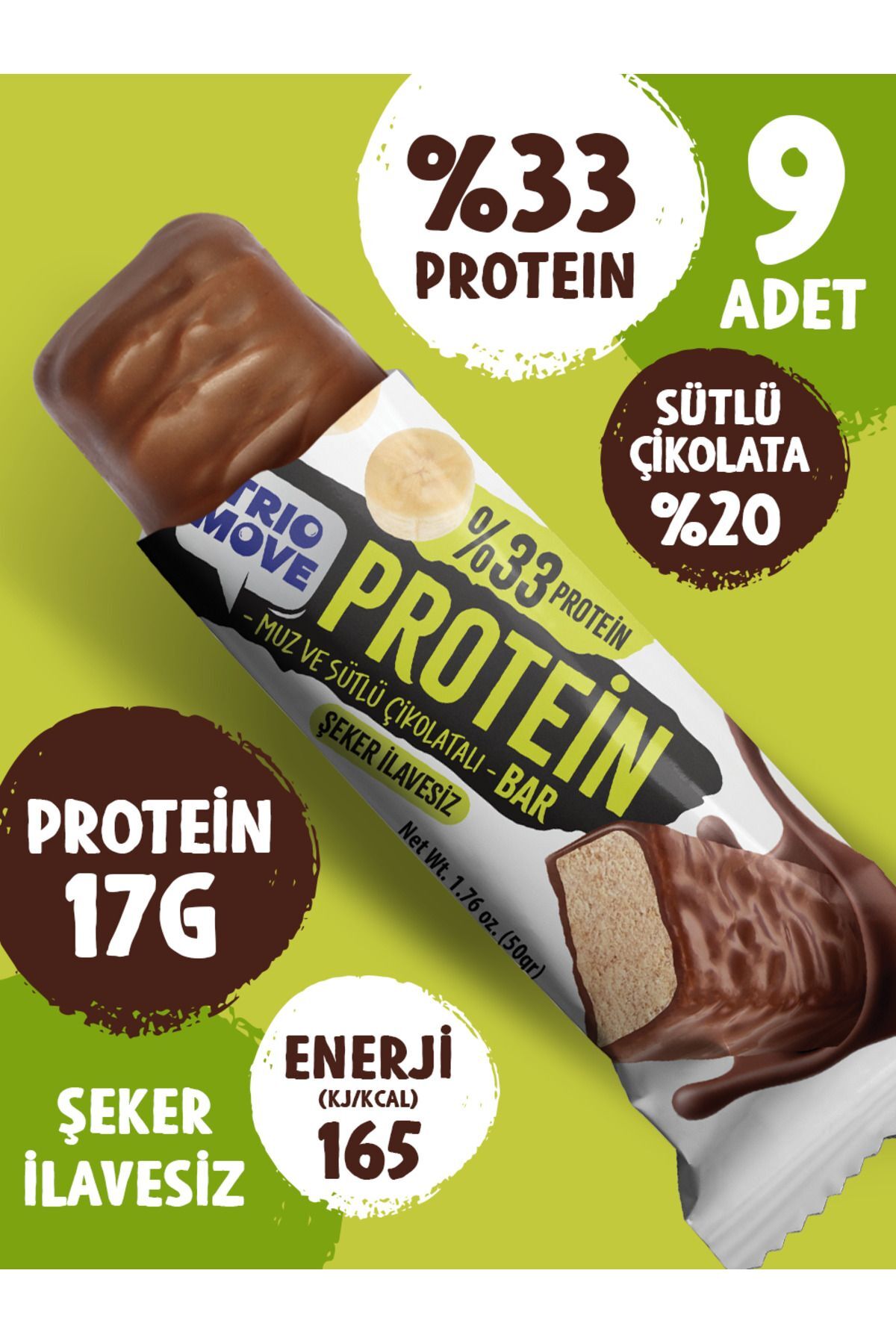 TrioMove Protein Bar - Muz ve Sütlü Çikolatalı, %33 Protein, 50 gr x 9 Adet
