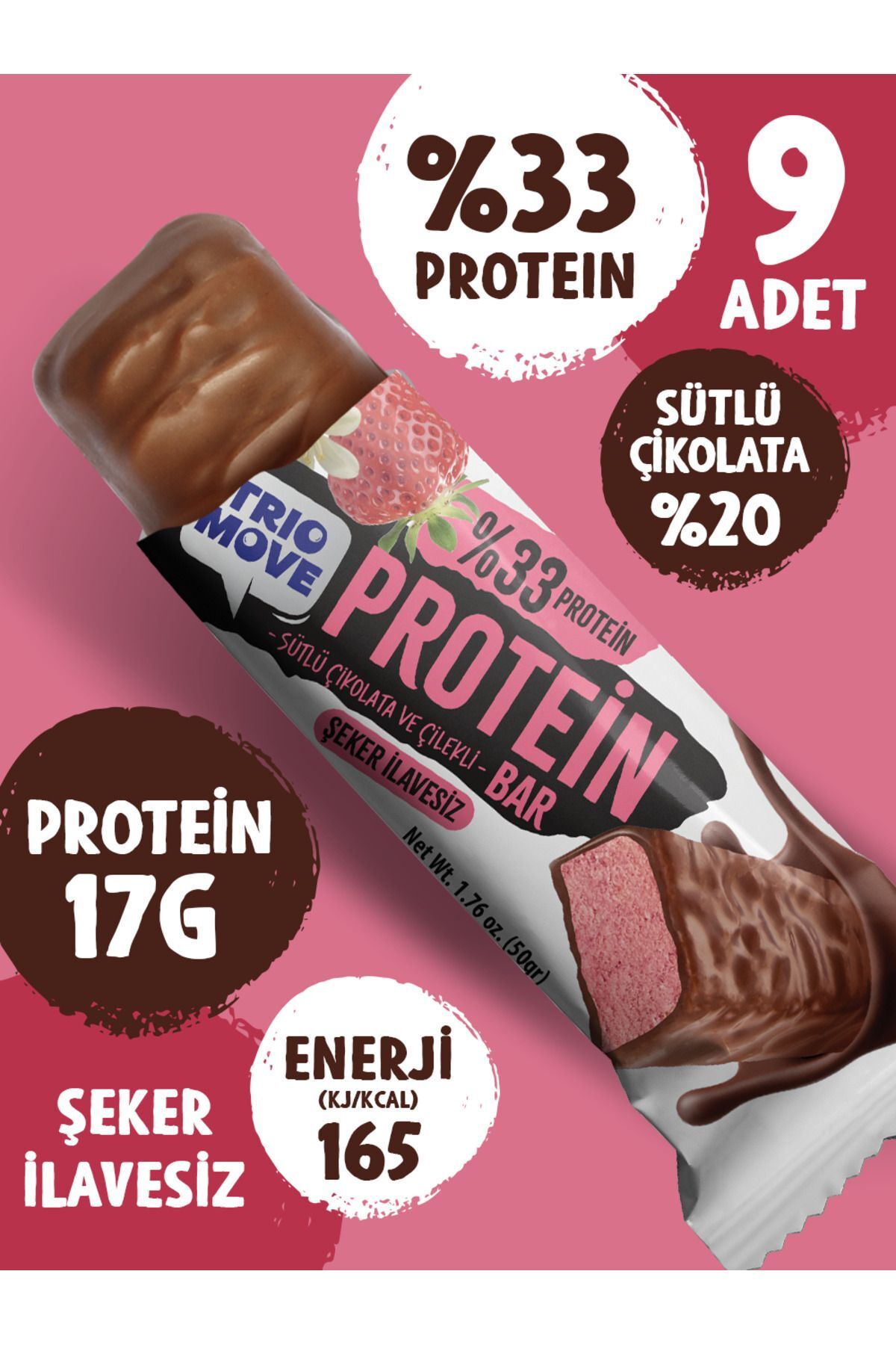 TrioMove Protein Bar - Çilekli Ve Sütlü Çikolatalı, %33 Protein, 50 gr x 9 Adet