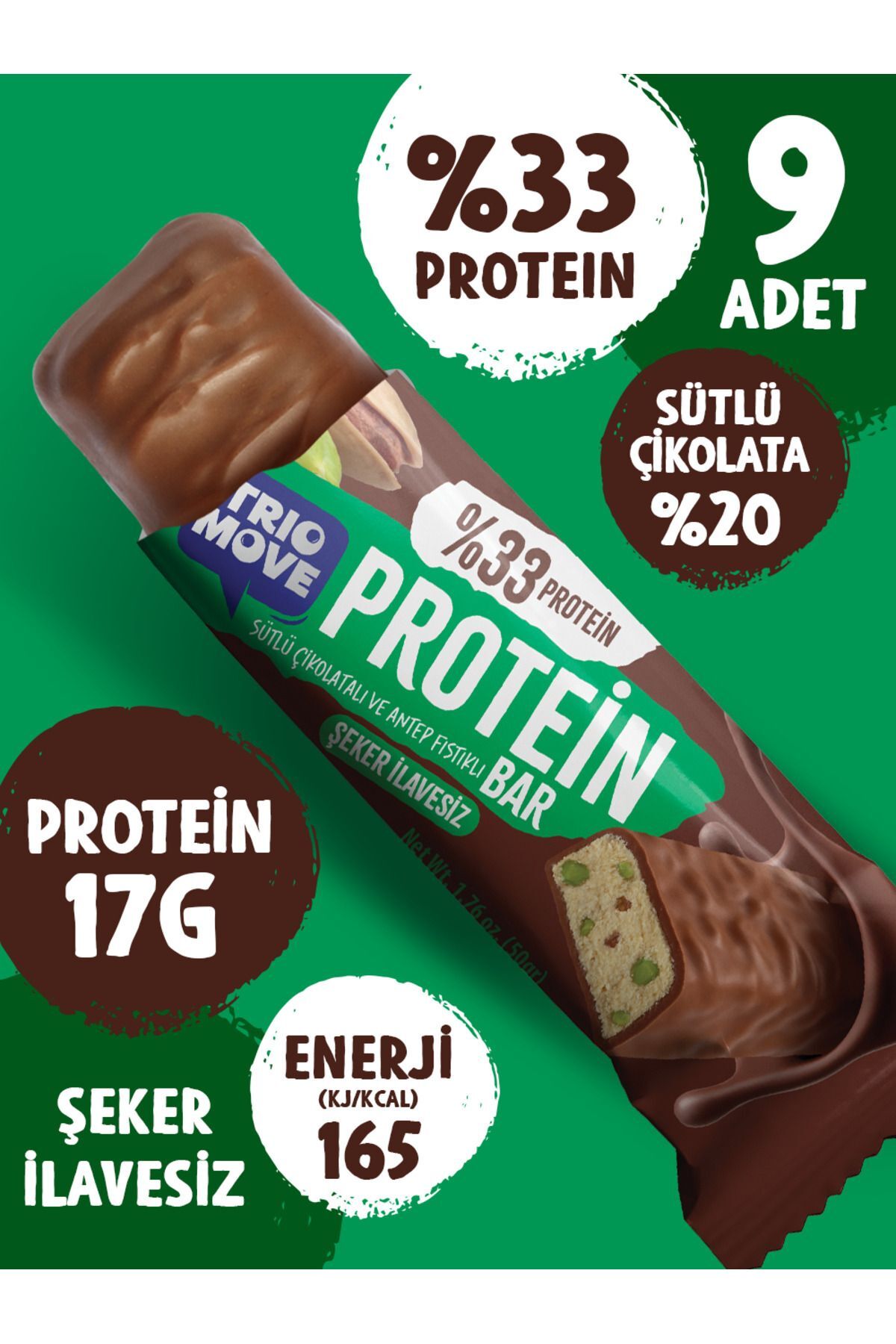 TrioMove Protein Bar - Antep Fıstıklı ve Sütlü Çikolatalı, %33 Protein, 50 gr x 9 Adet