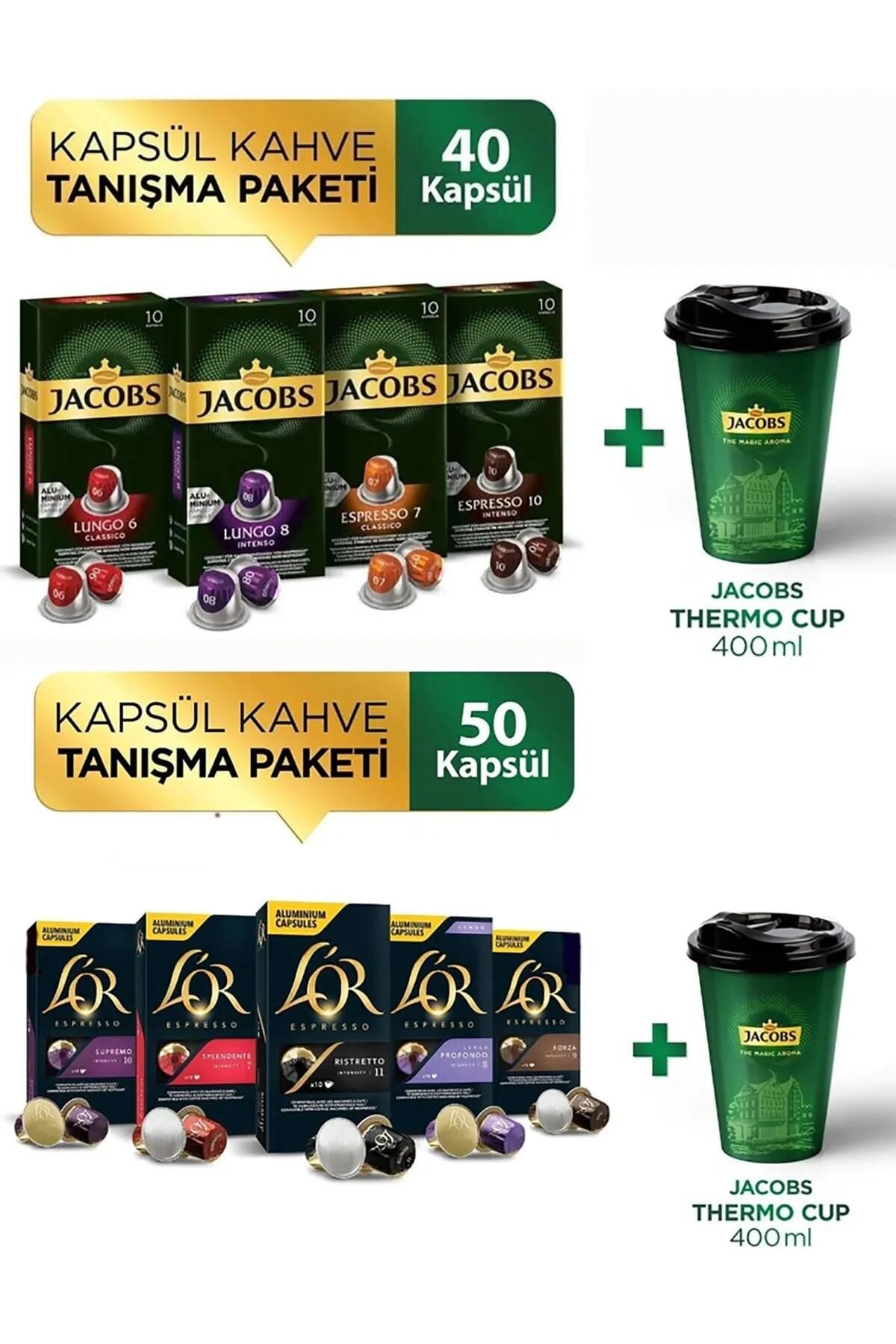 Kapsül Tanışma Paketi - Nespresso Uyumlu 90 Adet Alüminyum Kapsül Kahve + Thermo Cup 400 ml Set
