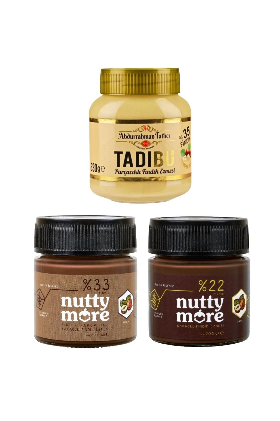 Abdurrahman Tatlıcı Parçacıklı Fındık Ezmesi 330 gr & Nutty More %33 Fındık Parçacıklı Kakaolu Fındık Ezmesi ve %22 Kakaolu Fındık Ezmesi 200 gr