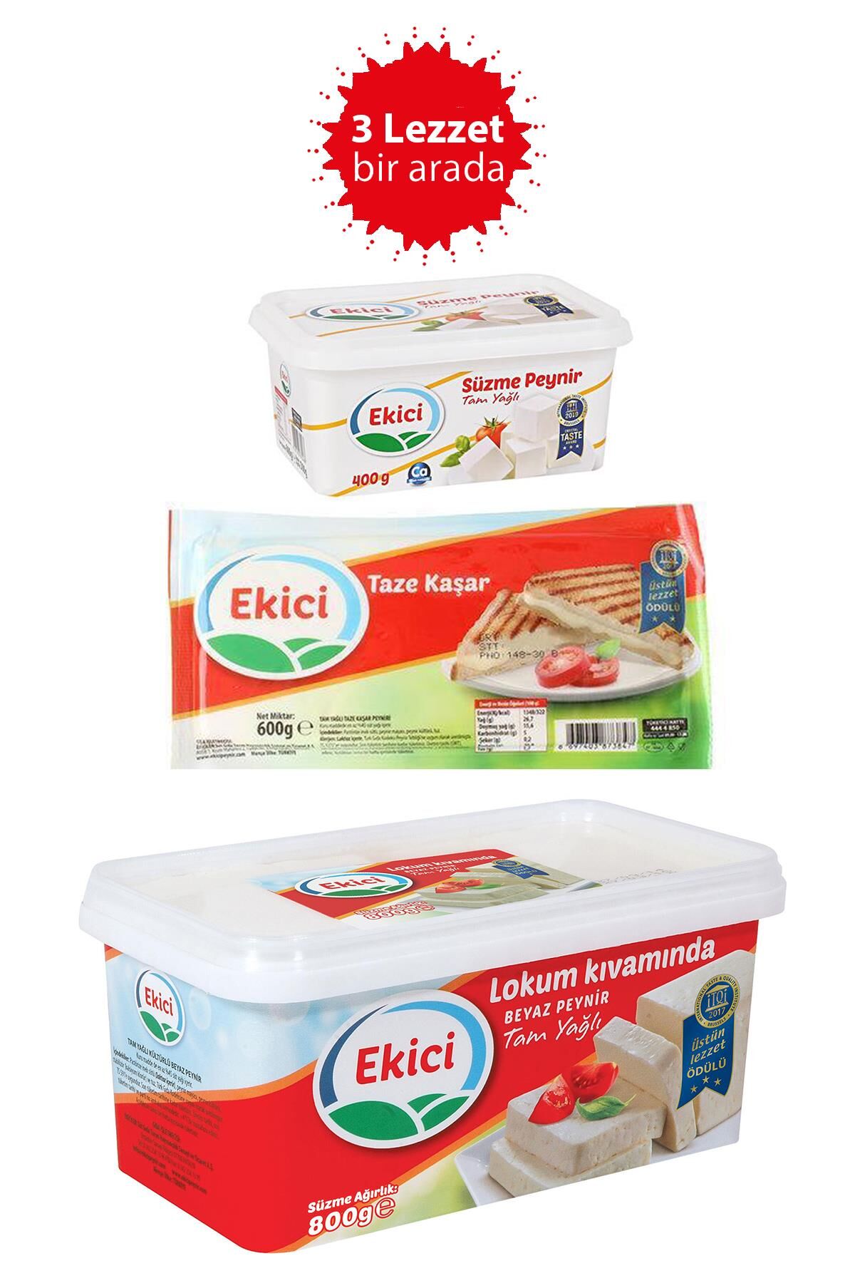 Ekici Tam Yağlı Beyaz Peynir 800gr + Taze Kaşar Peyniri 600gr + Süzme Peynir 400gr 3'lü Lezzet Paketi