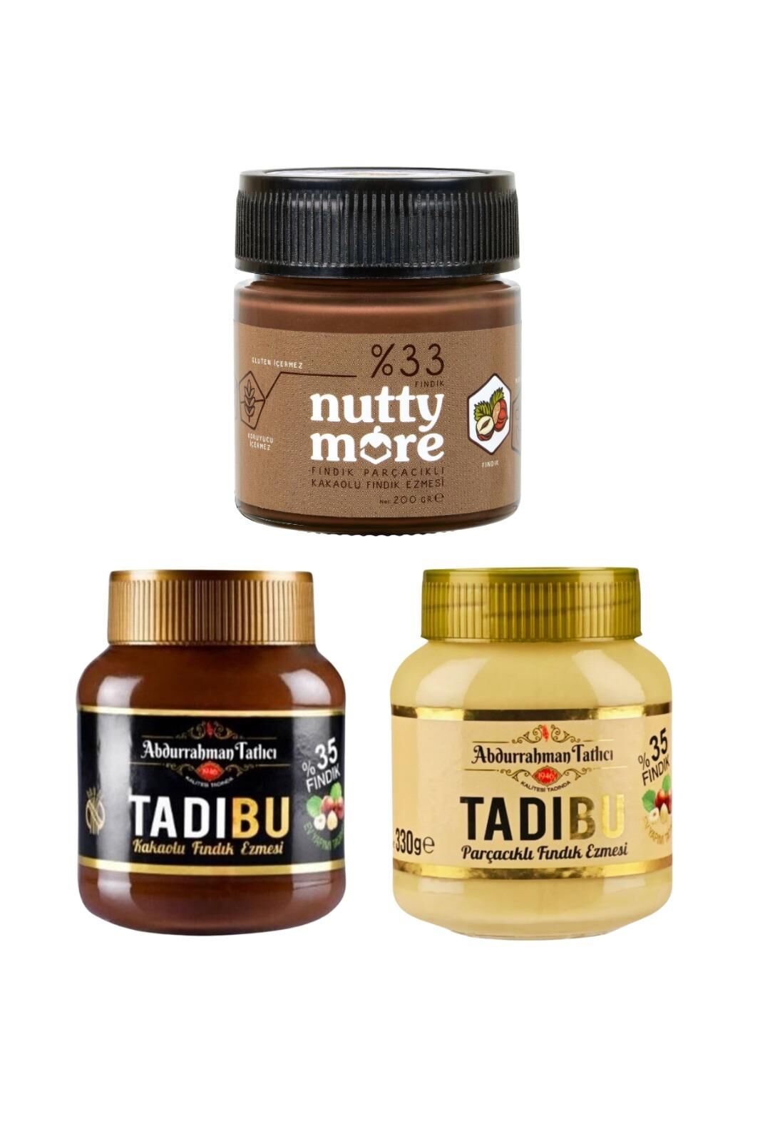 Abdurrahman Tatlıcı Tadıbu 330 gr & Parçacıklı Fındık Ezmesi 330 gr & Nutty More %33 Fındık Parçacıklı Kakaolu Fındık Ezmesi 200 gr
