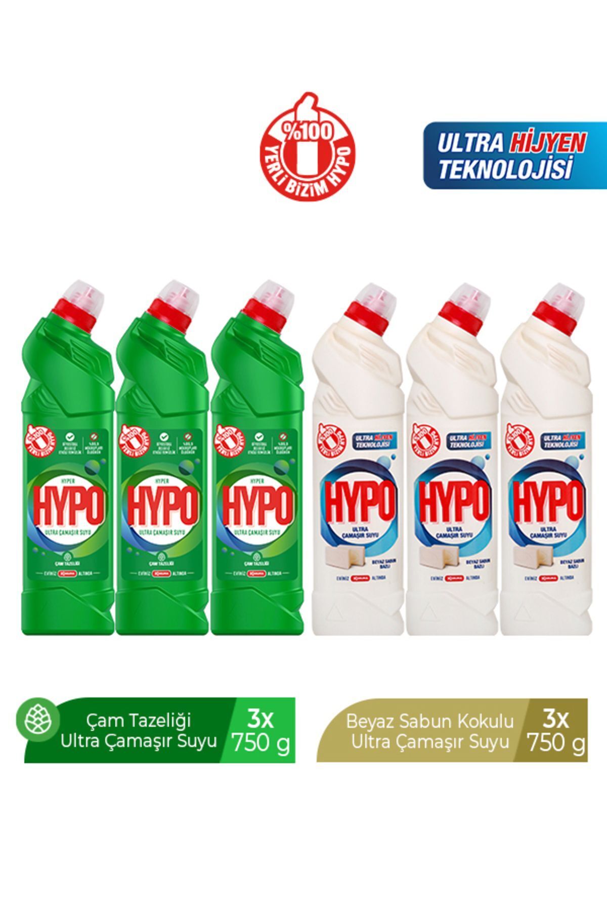 HYPO ULTRA ÇAMAŞIR SUYU 3 ÇAM VE 3 BEYAZ SABUN 750 GR X 6 ADET