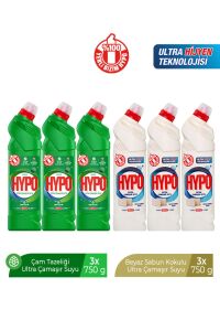 HYPO ULTRA ÇAMAŞIR SUYU 3 ÇAM VE 3 BEYAZ SABUN 750 GR X 6 ADET