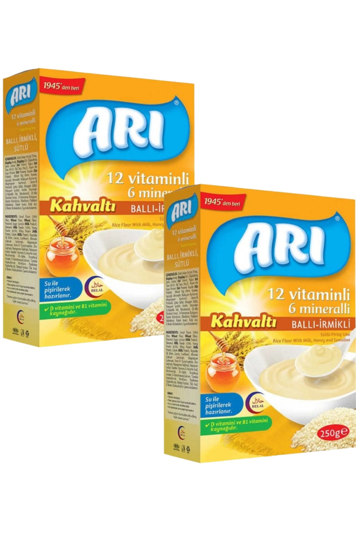 12 Vitaminli 6 Mineralli Ballı İrmikli Kahvaltı Sütlü Pirinç Unu 2x250 g 2 li Set