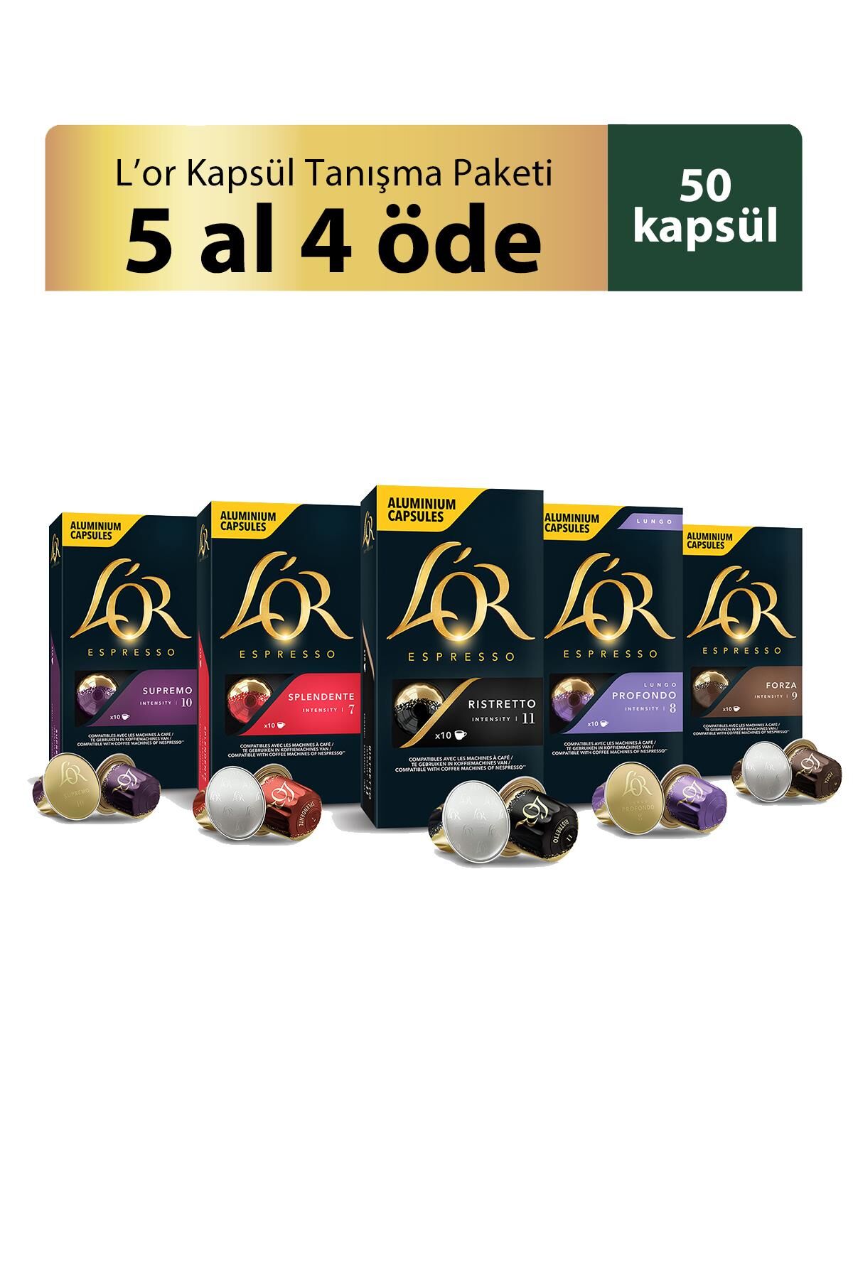 L'OR - Kapsül Tanışma Paketi - 5 Al 4 Öde Nespresso Uyumlu Kapsül Kahve Fırsat Paketi 10 x 5 Paket