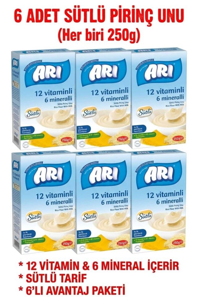 6LI PİRİNÇ UNU 250GR SÜTLÜ 12 VİTAMİNLİ 6 MİNERALLİ 6 ADET