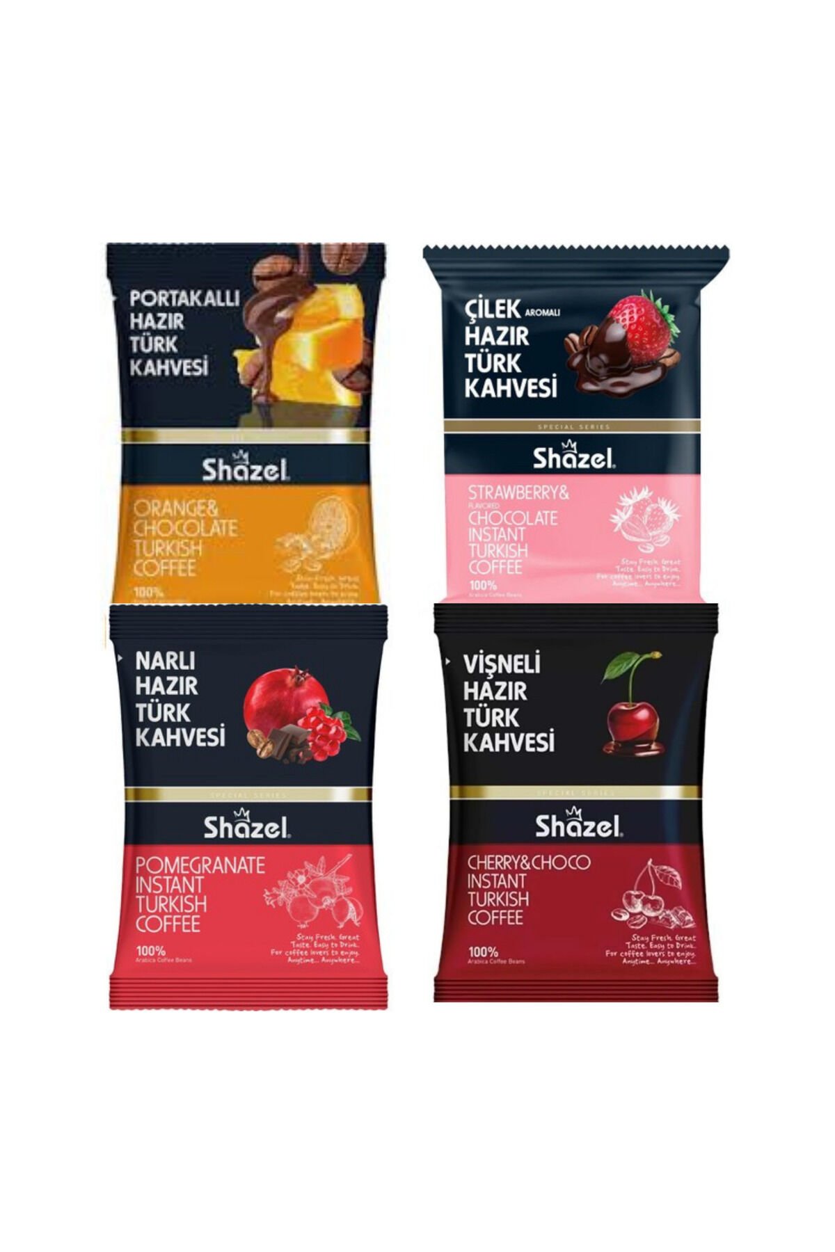 Shazel Hazır Türk Kahve Seti Portakallı Vişneli Çilekli Narlı 4 x 100 g 4 lü Set