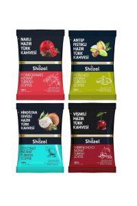 Shazel Hazır Türk Kahvesi Seti 100g X 4 Adet Hindistan Cevizi, Vişne, Nar, Antep Fıstıklı