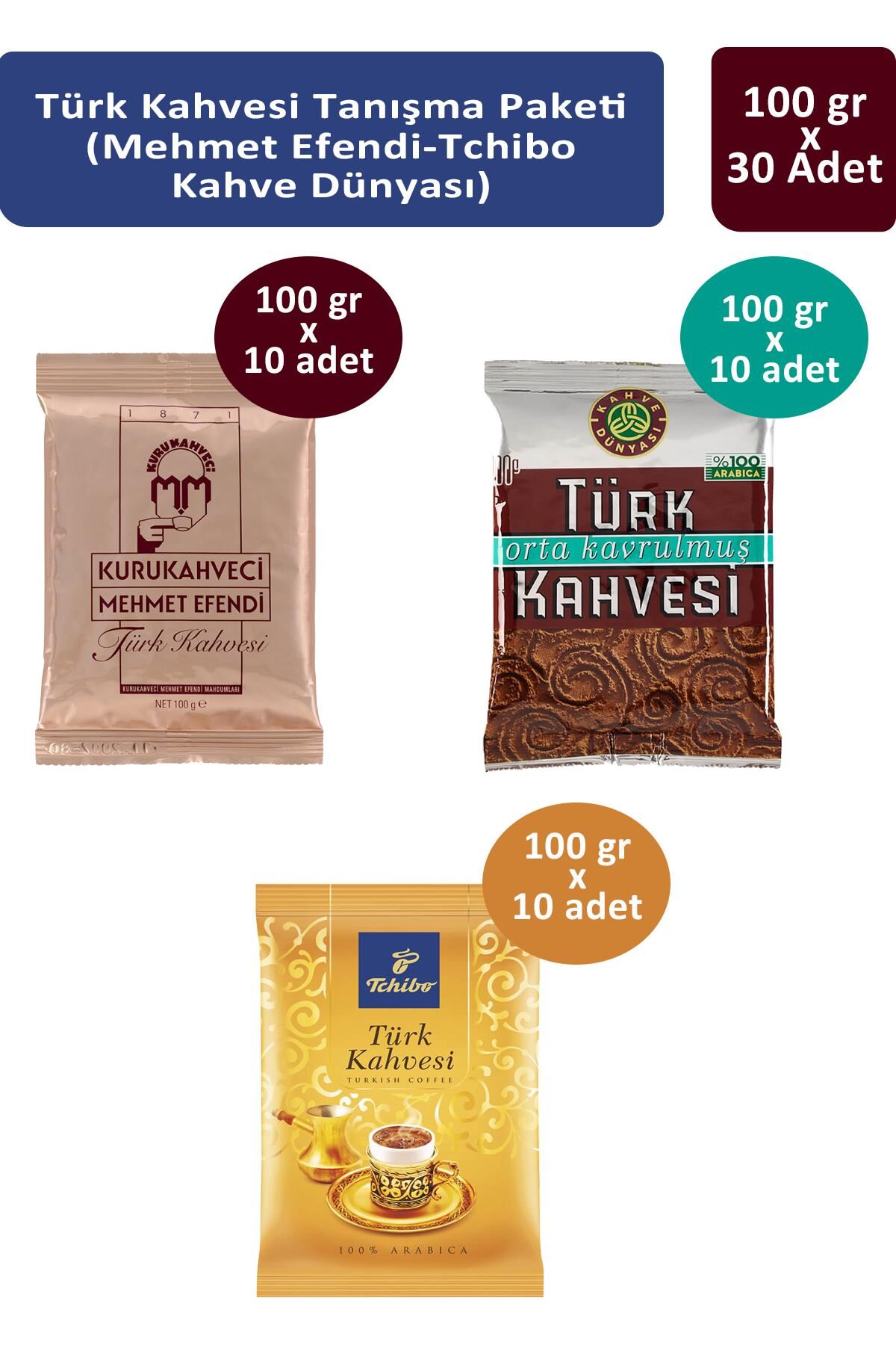 Türk Kahvesi Tanışma Paketi (Tchibo-Mehmet Efendi-Kahve Dünyası ) 100 gr x 30 Adet