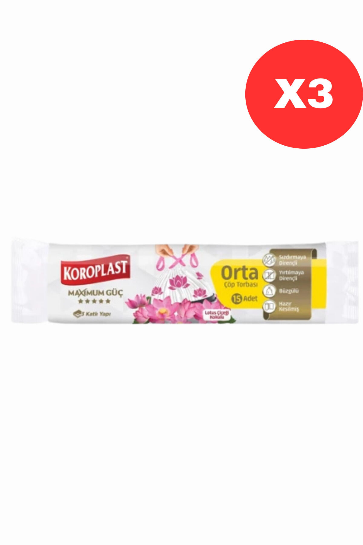 Koroplast Lotus Çiçeği Kokulu Orta Boy Büzgülü Çöp Poşeti 15'li 55x57 cm, Sızdırmaz Yırtılmaz X3