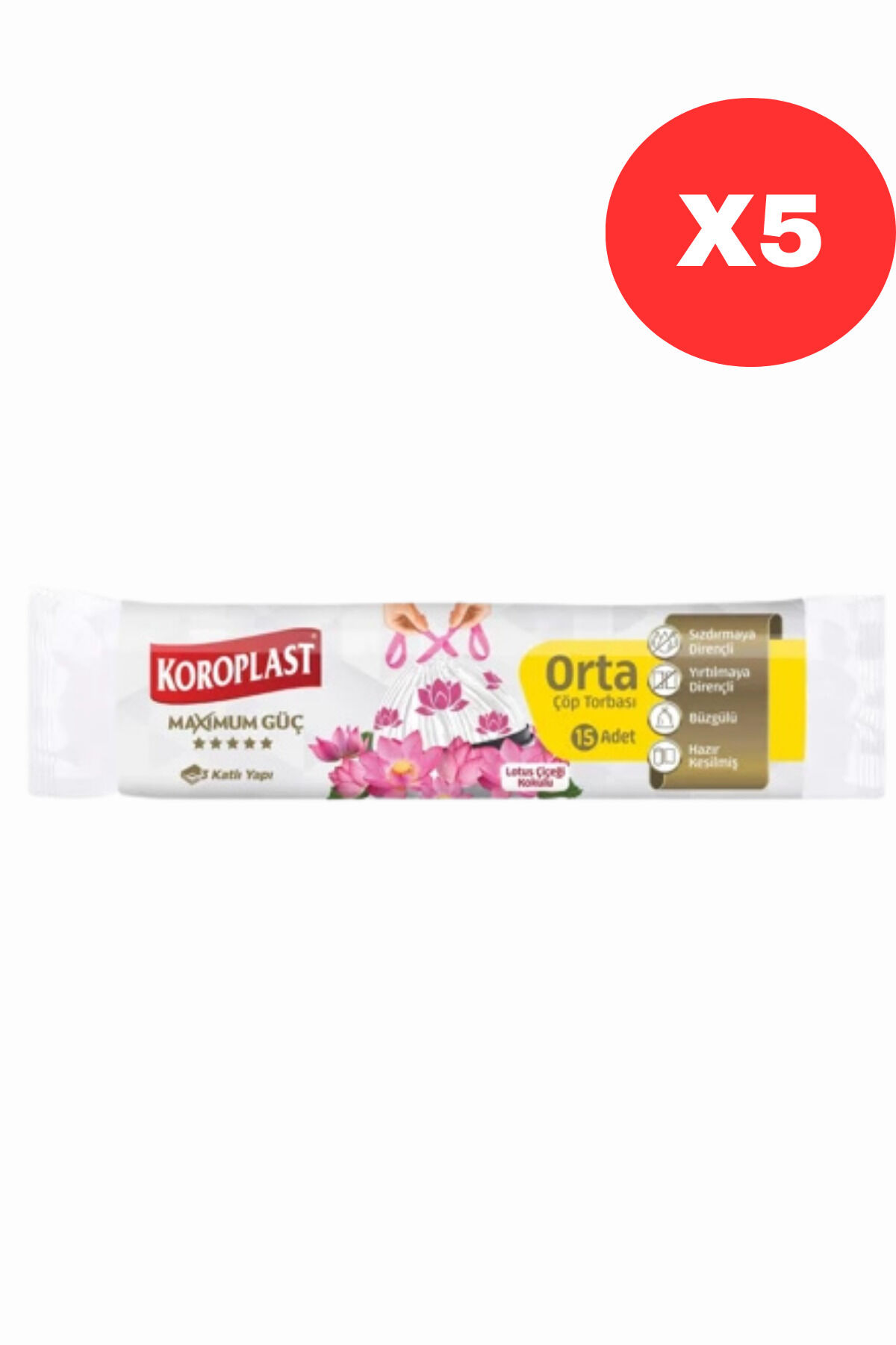 Koroplast Lotus Çiçeği Kokulu Orta Boy Büzgülü Çöp Poşeti 15'li 55x57 cm, Sızdırmaz Yırtılmaz X5