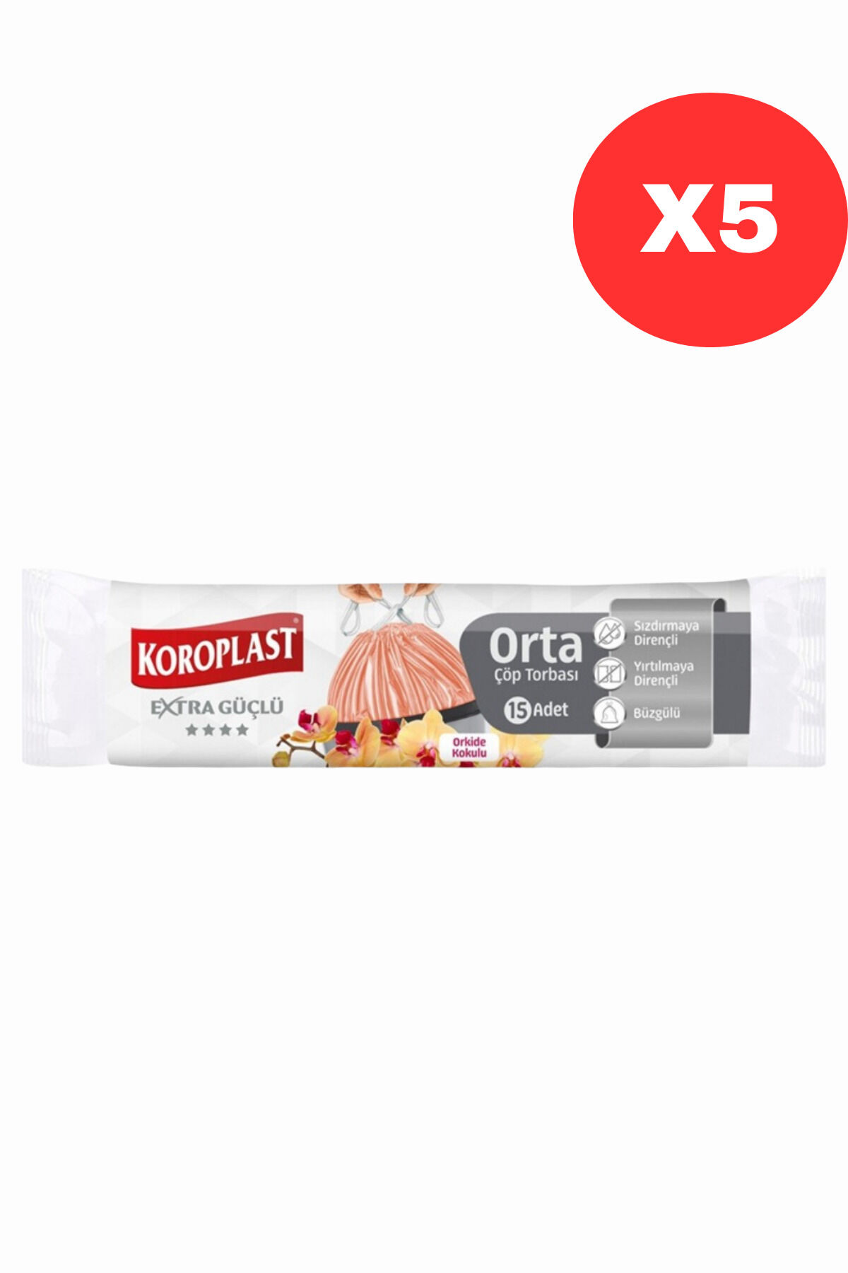 Koroplast Ekstra Güçlü Koku Hapseden Orkide Kokulu, Büzgülü Orta Boy Çöp Torbası 15'li X5