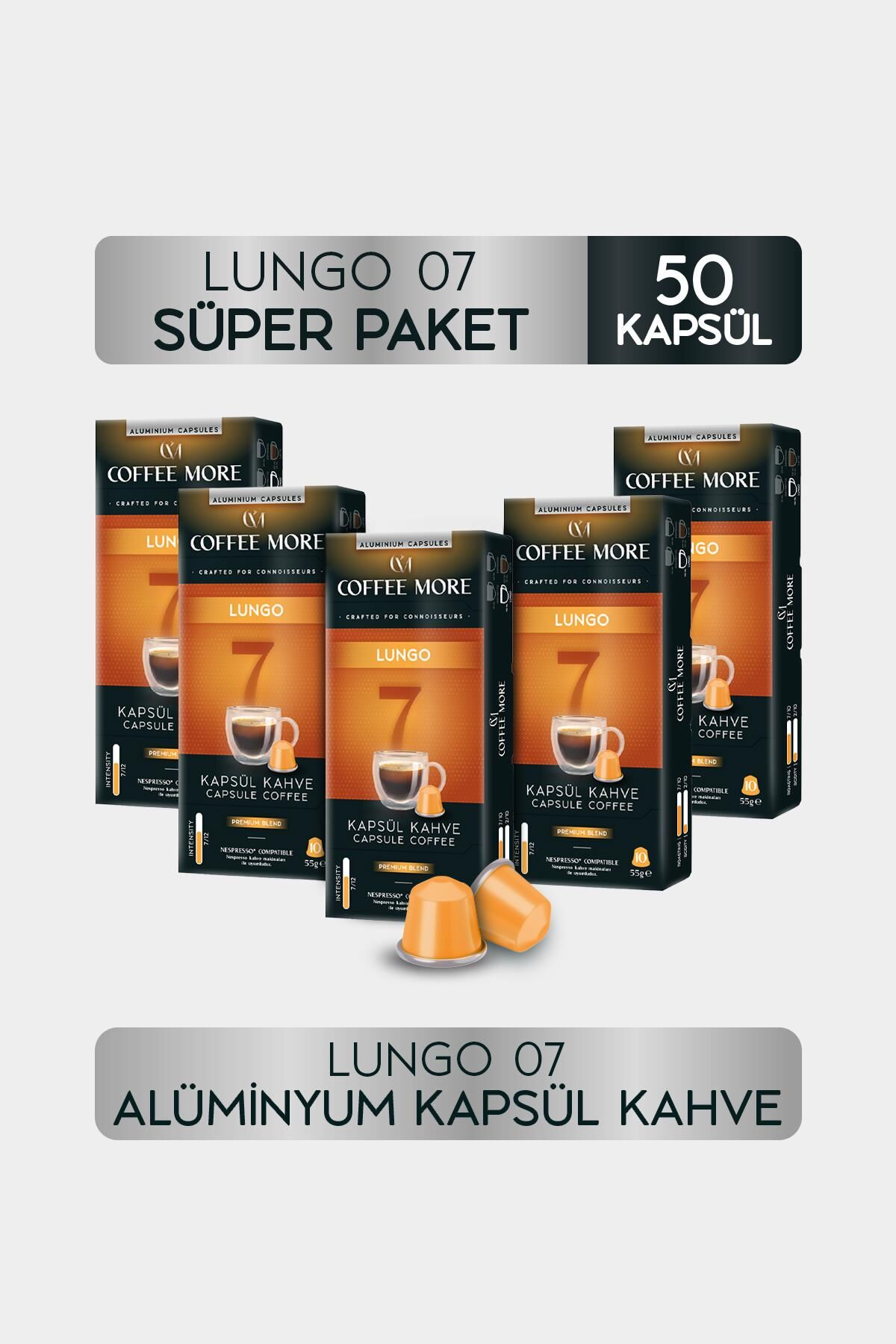 Coffee More 7 Lungo Kapsül Kahve 10 x 5 Paket ( 50 Adet ) Nespresso Uyumlu