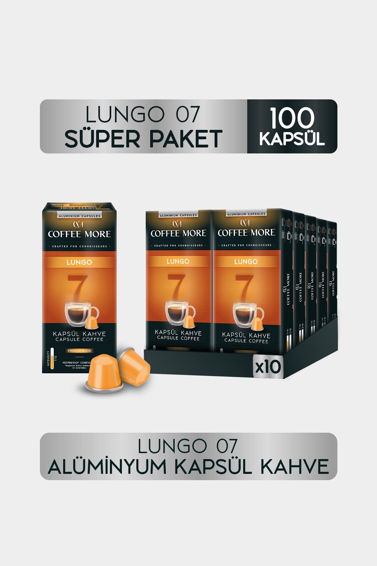 Coffee More 7 Lungo Kapsül Kahve 10 x 10 Paket ( 100 Adet ) Nespresso Uyumlu