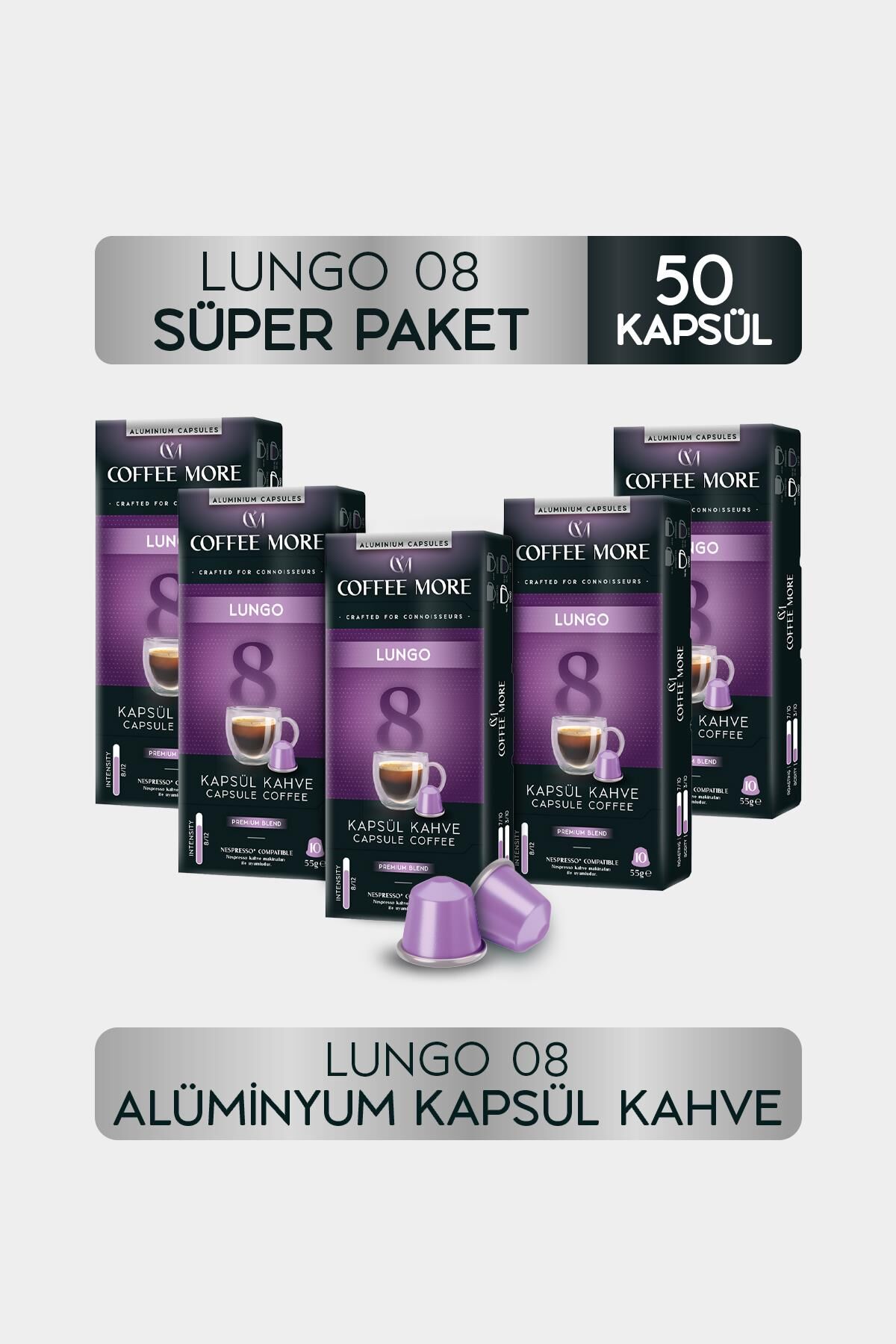 Coffee More 8 Lungo Kapsül Kahve 10 x 5 Paket ( 50 Adet ) Nespresso Uyumlu