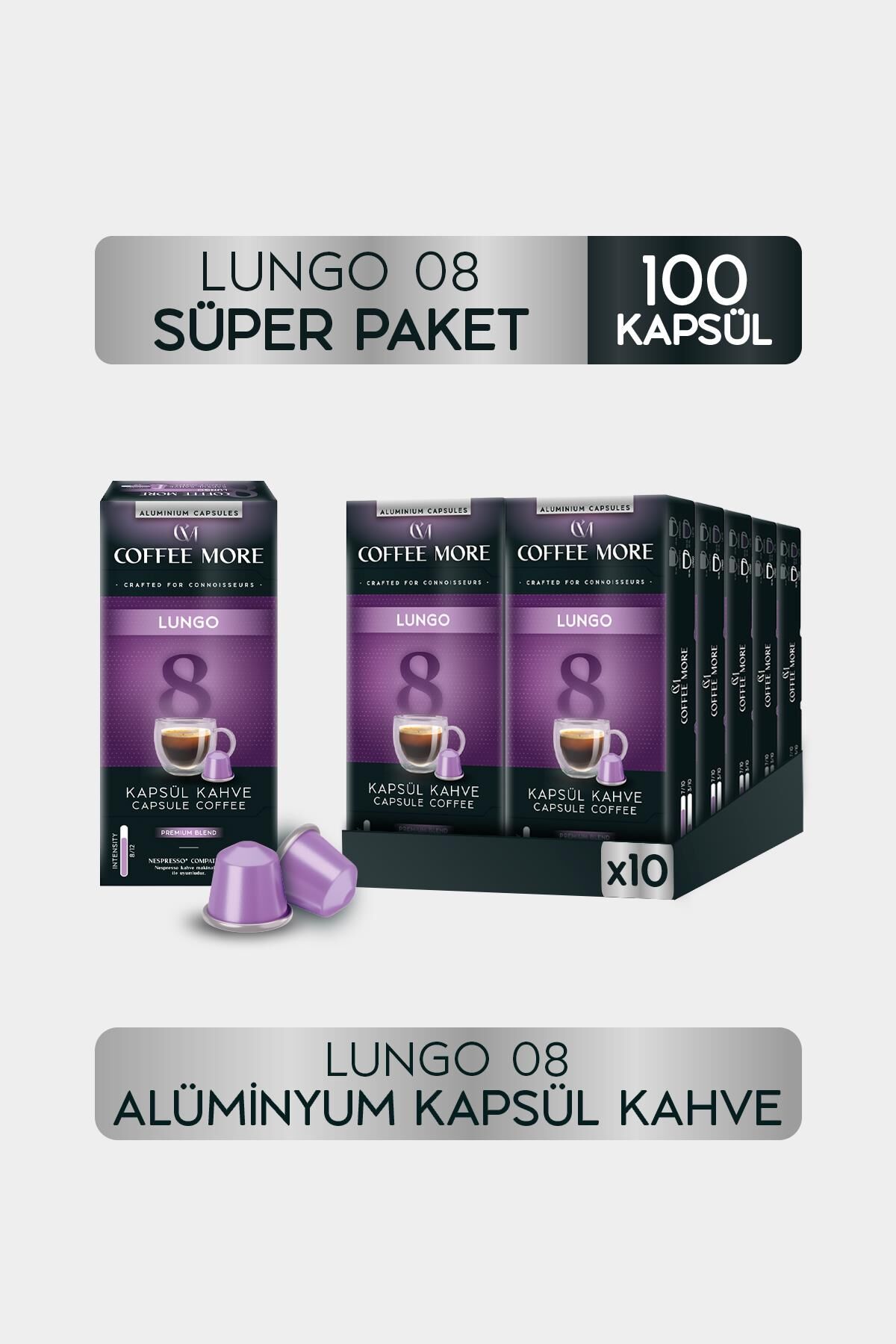 Coffee More 8 Lungo Kapsül Kahve 10 x 10 Paket ( 100 Adet ) Nespresso Uyumlu