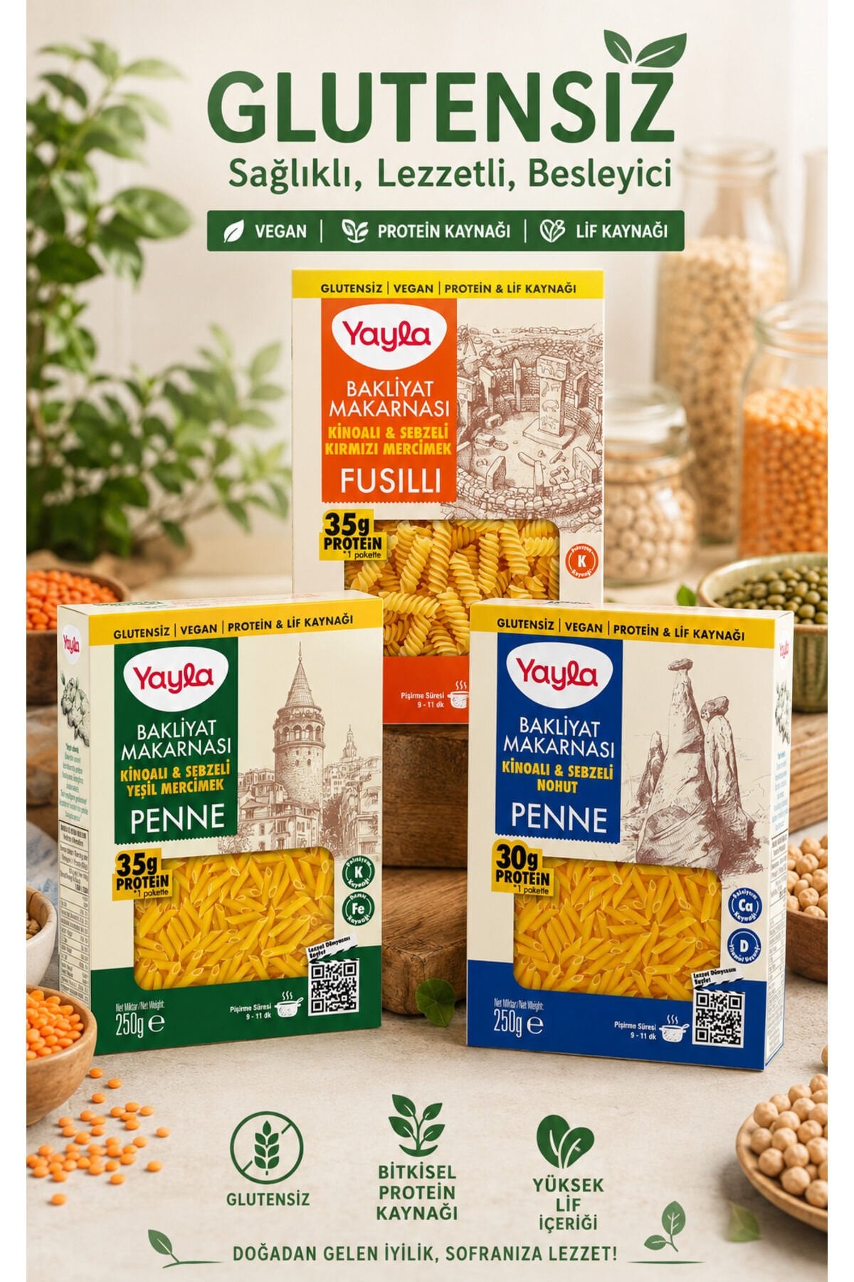 Yayla Doğal Glutensiz Bakliyat Makarnası Çeşitleri 3x250 Gr