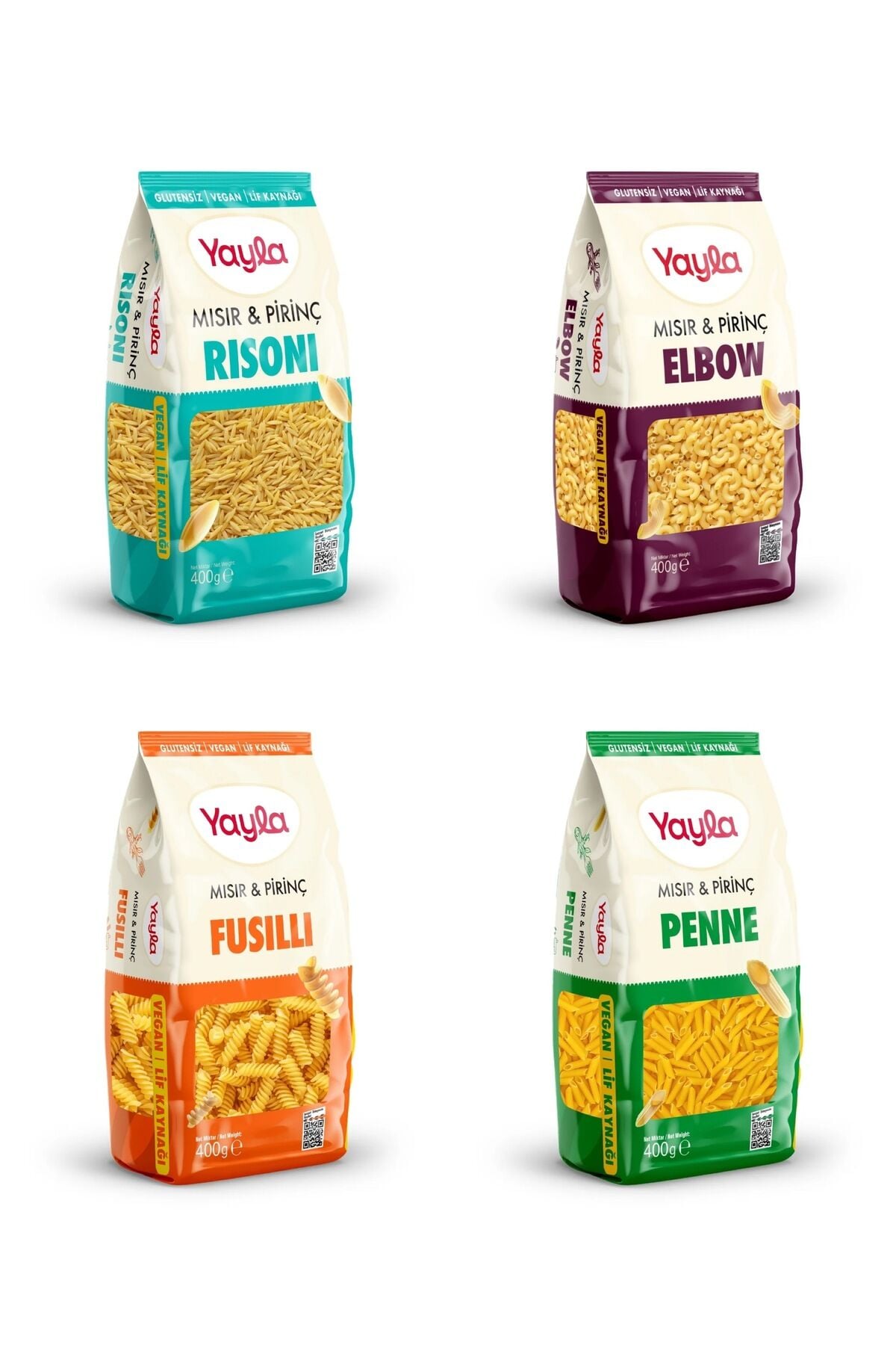 Yayla 4’Lü Doğal Glutensiz Makarna Serisi Mısır&Pirinç 400 Gr (Risoni-Fusilli-Penne-Elbow)