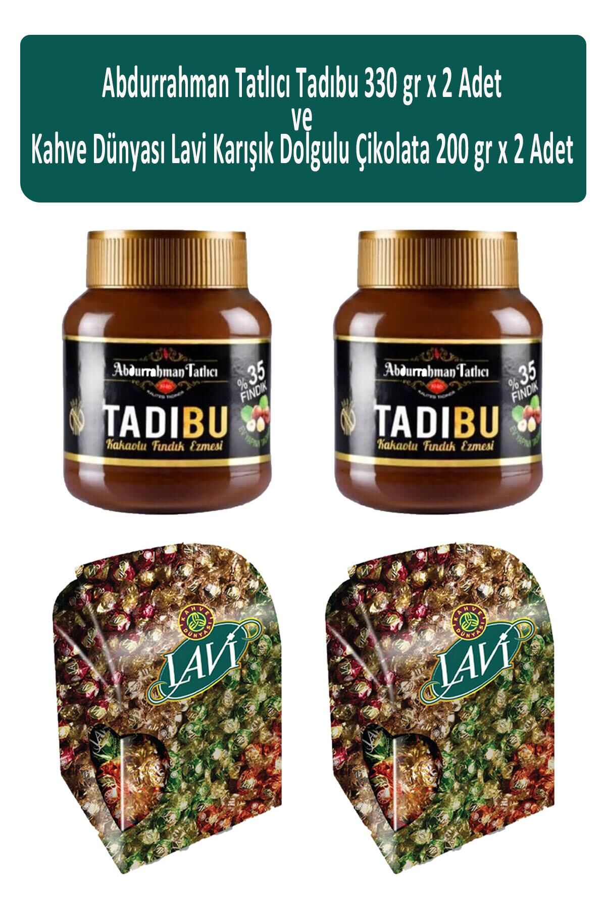 Abdurrahman Tatlıcı Tadıbu 330 gr x 2 Adet ve Kahve Dünyası Lavi Dolgulu Çikolata 200 gr x 2 Adet
