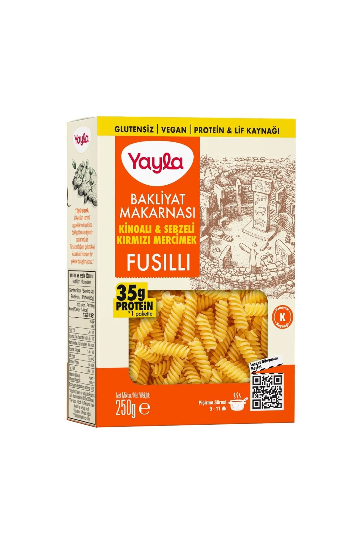 Yayla Glutensiz Kinoalı ve Sebzeli Kırmızı Mercimek Fusilli Bakliyat Makarnası 250 g