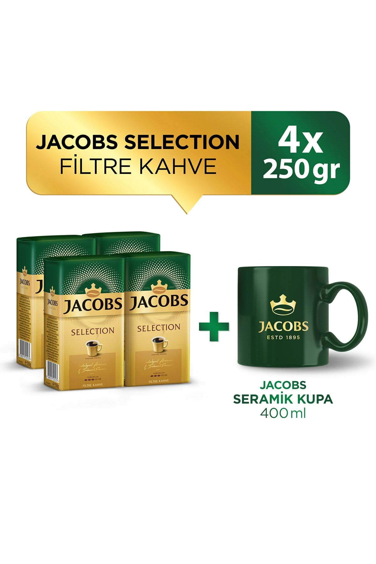 Jacobs Selection Filtre Kahve 250 Gr x 4 Adet+ Jacobs Seramik Kupa 400 ml