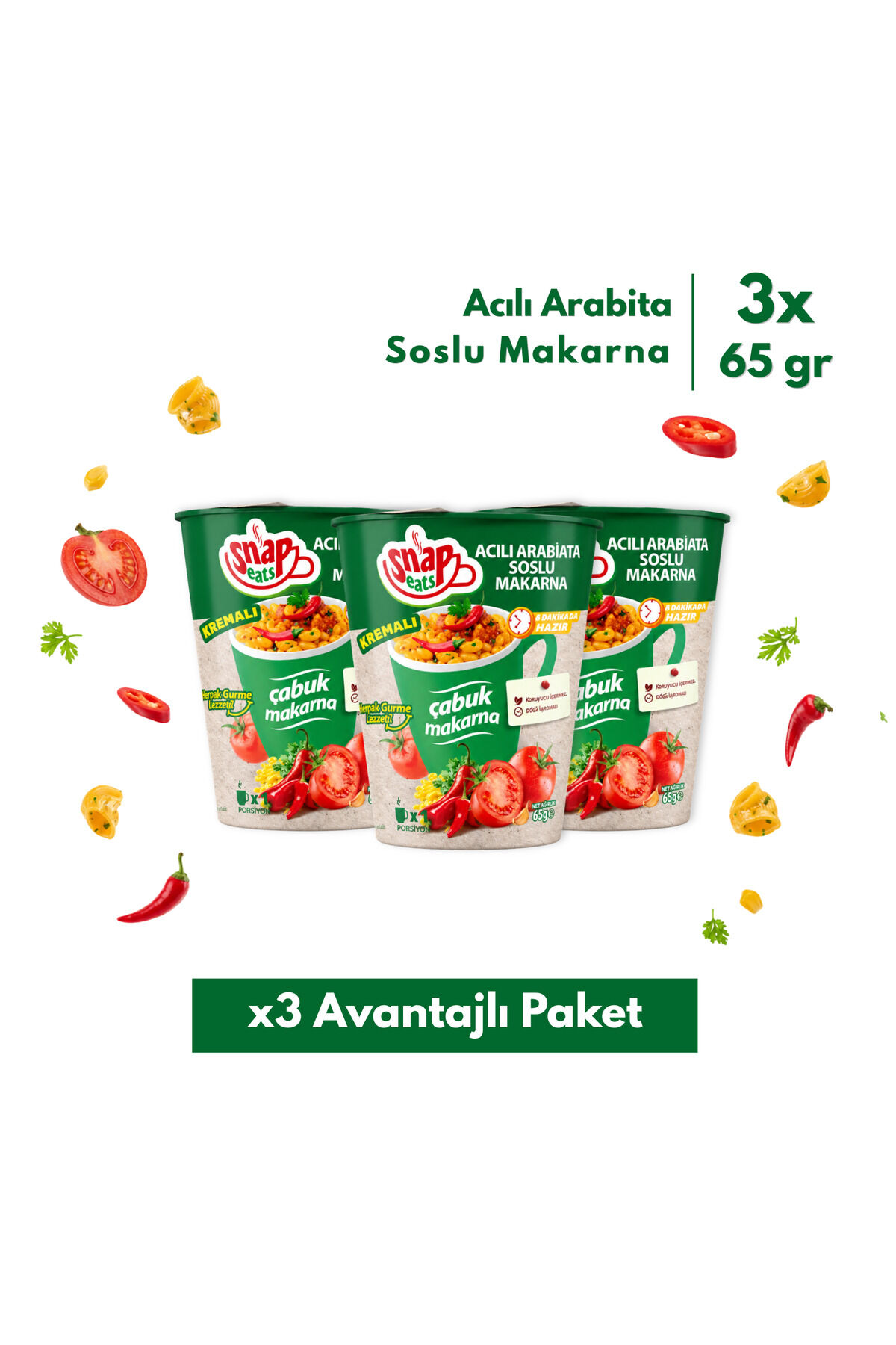 Snap Eats Hazır Makarna | Acılı Arabiata Çabuk Makarna | 65 gr | 3'lü Avantaj Paketi