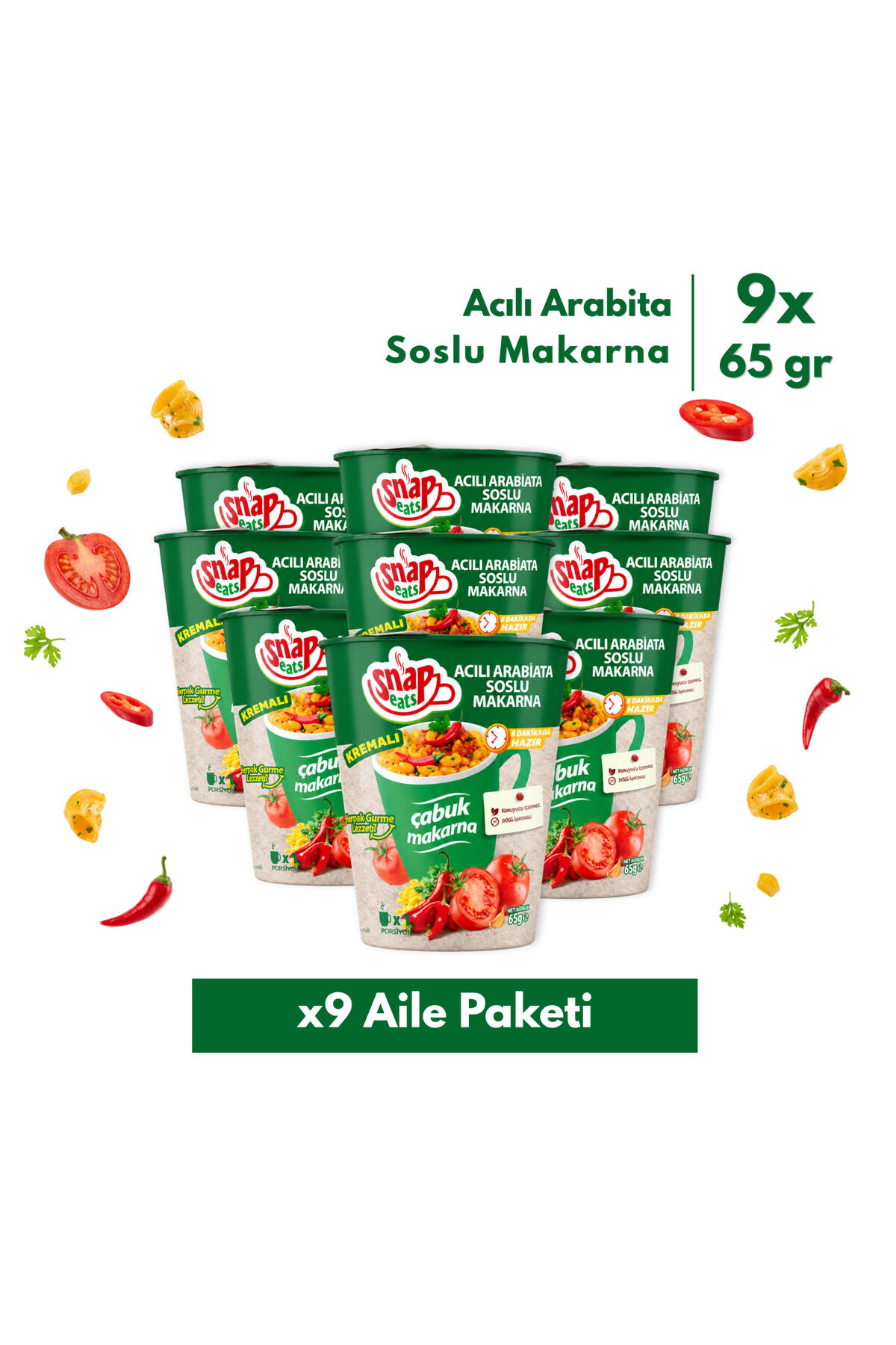 Snap Eats Hazır Makarna | Acılı Arabiata Çabuk Makarna | 65 gr | 9'lu Aile Paketi