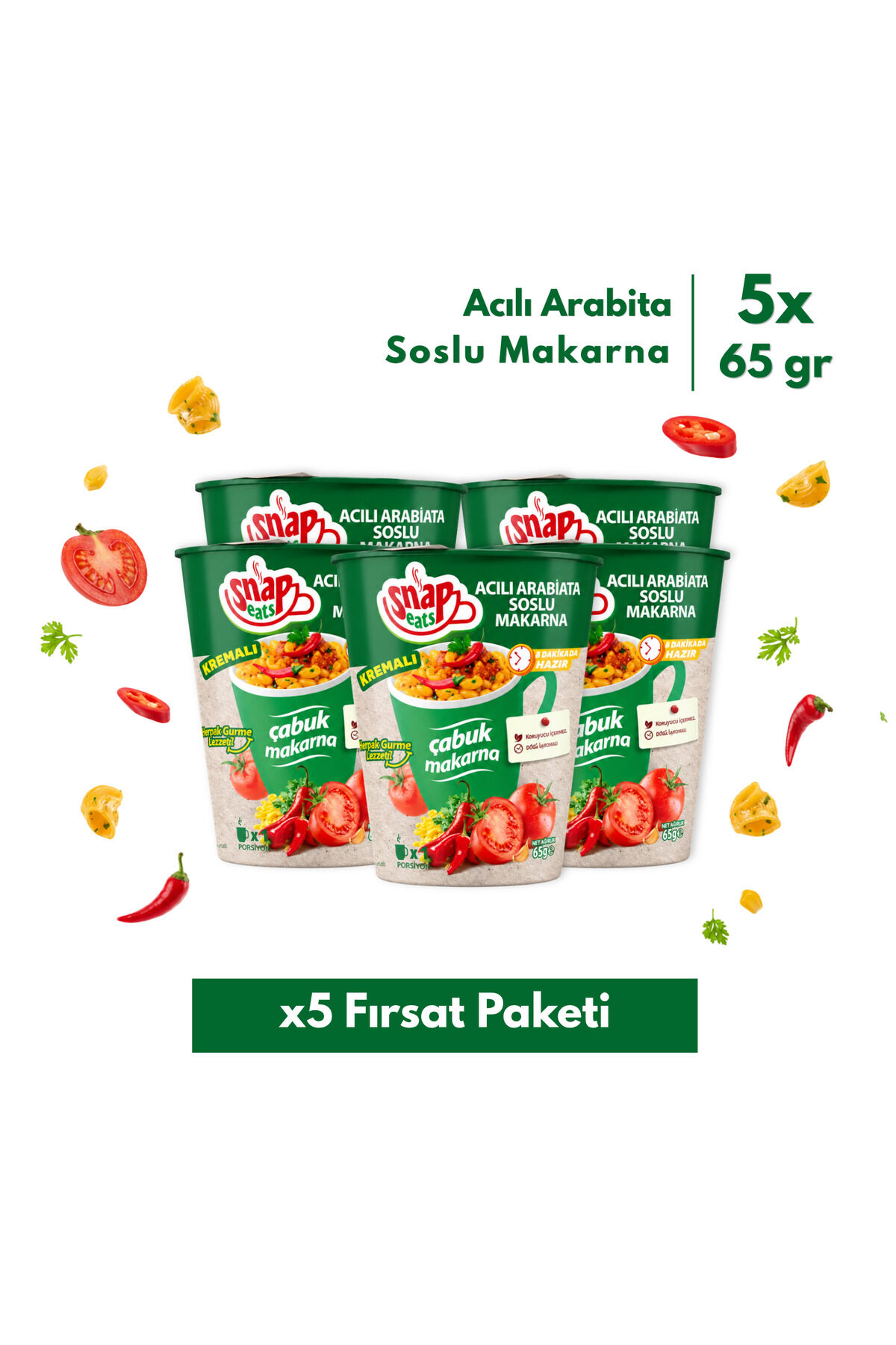 Snap Eats Hazır Makarna | Acılı Arabiata Çabuk Makarna | 65 gr | 5'li Fırsat Paketi