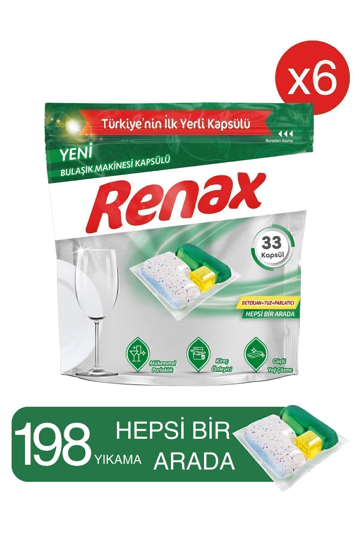 Renax Bulaşık Makinesi Kapsülü Hepsi Bir Arada 33 Lü X 6 Adet