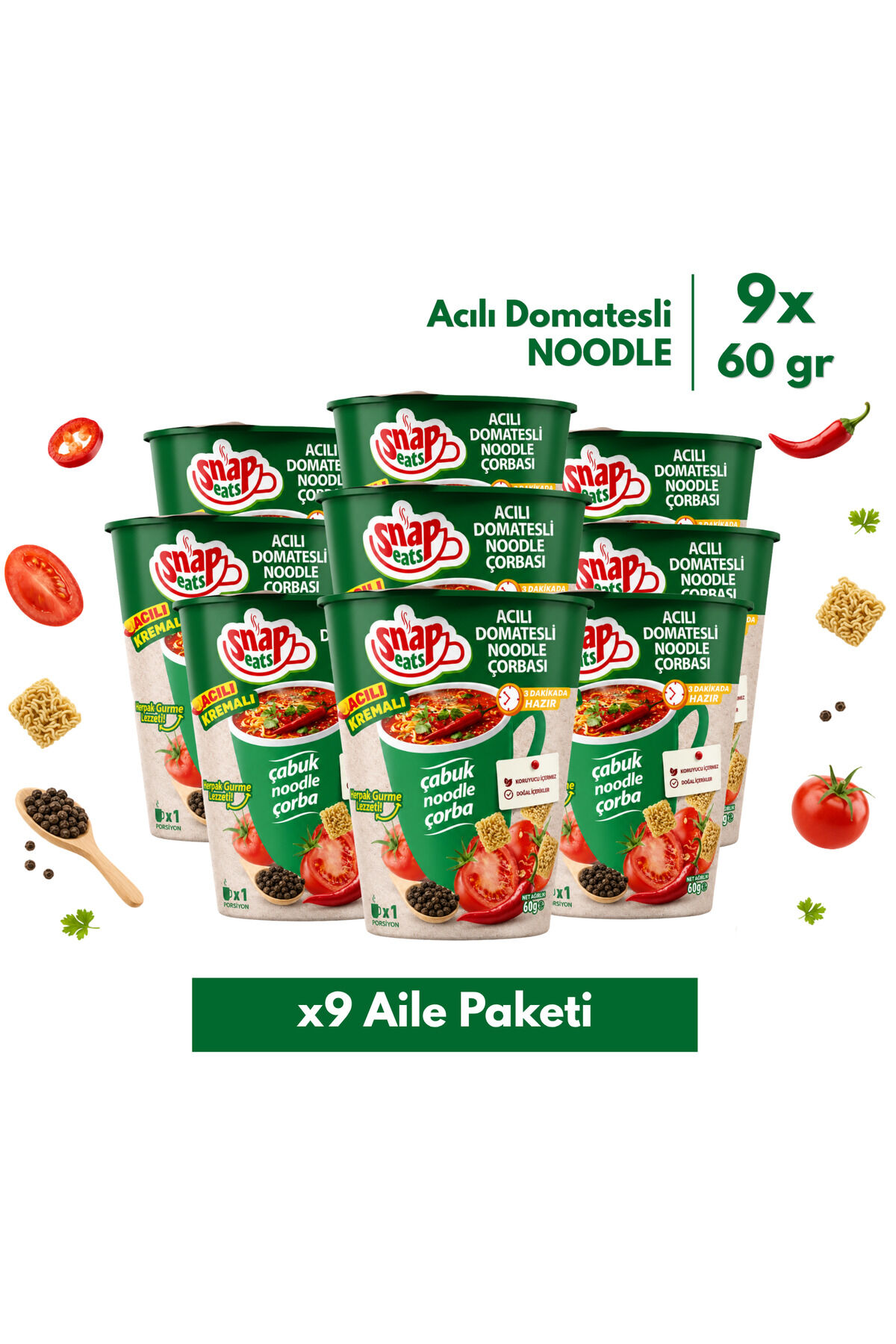 Snap Eats Noodle | Acılı Domatesli Bardak Noodle | 60 gr | 9'lu Aile Paketi
