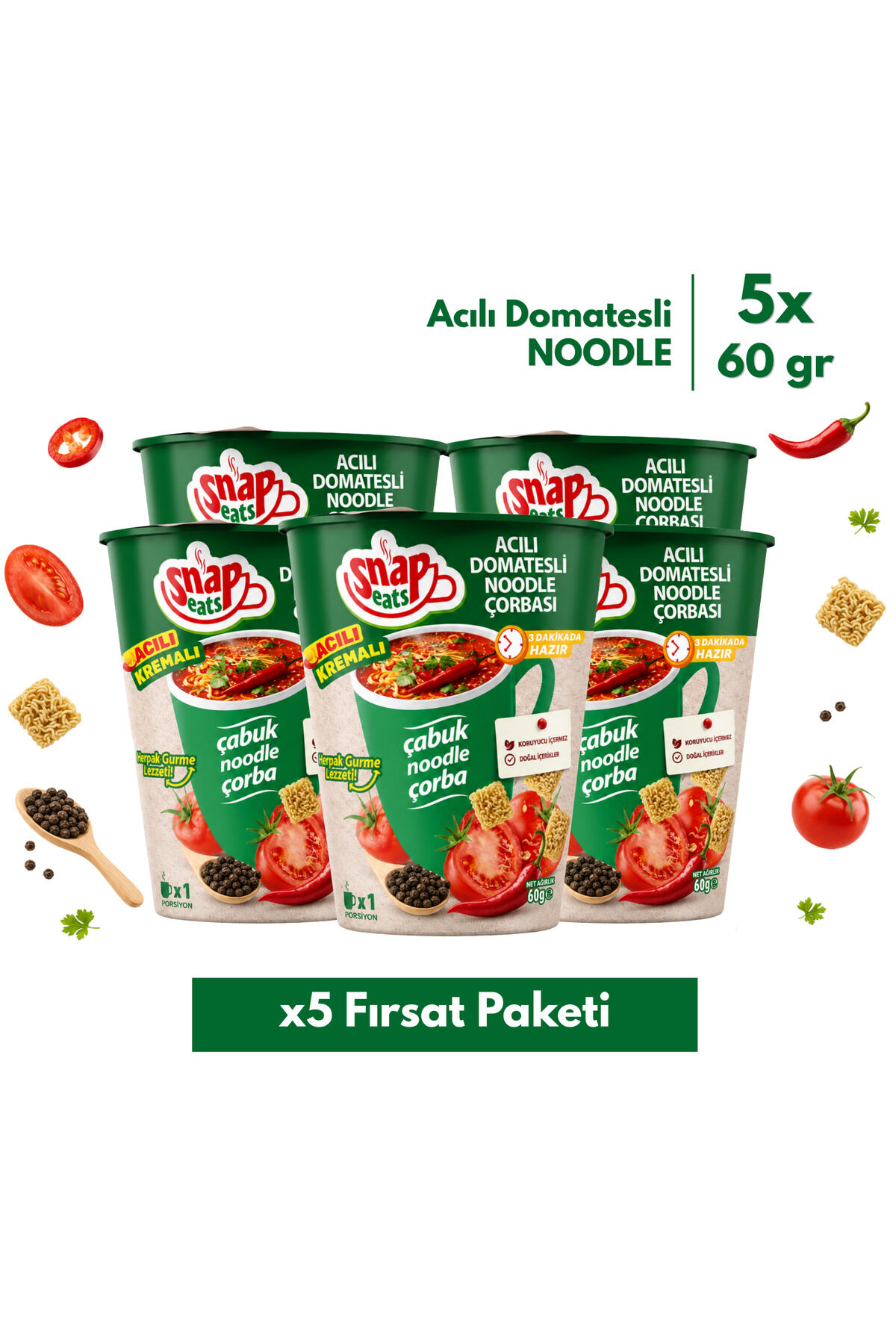 SNAPEATS BARDAKTA ACILI DOMATESLİ NOODLE ÇORBASI 60G >x5