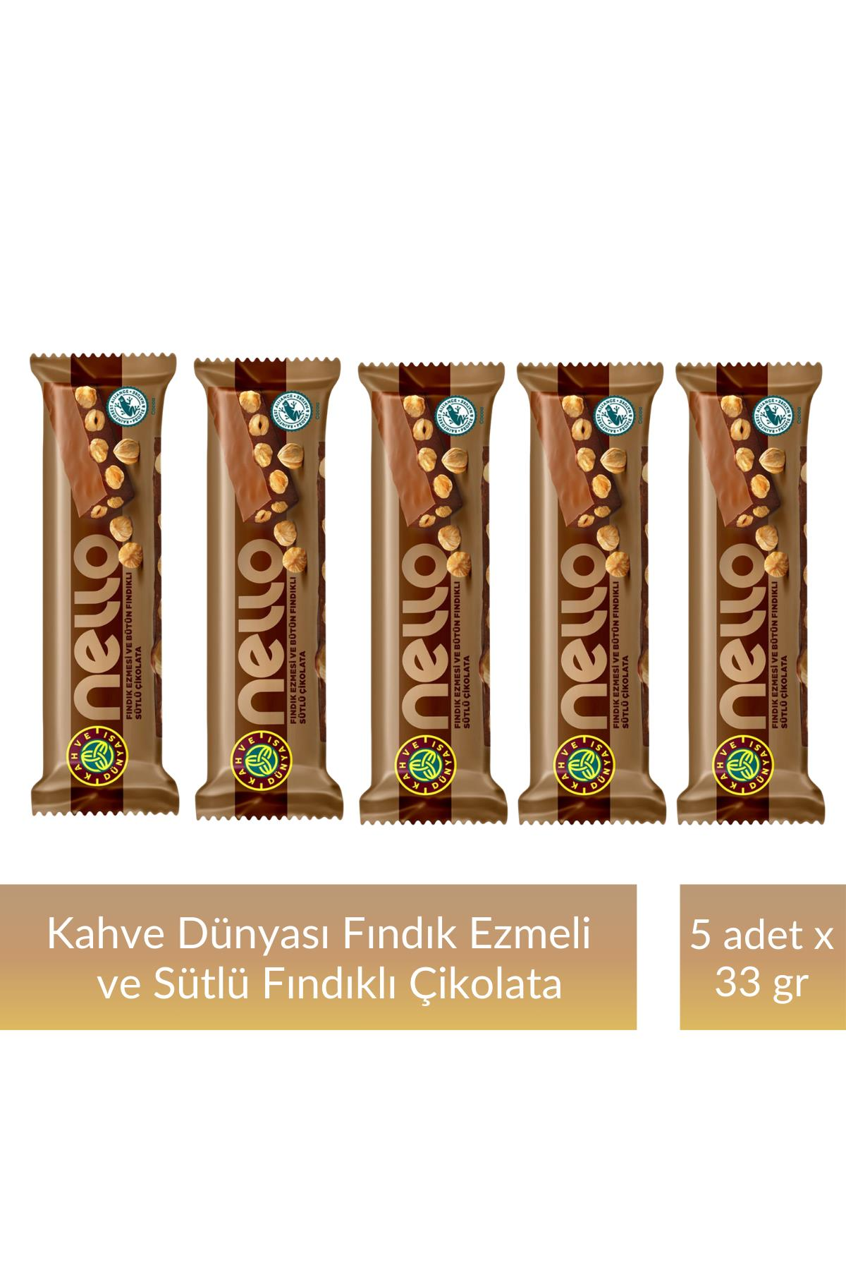 Kahve Dünyası Fındık Ezmesi ve Bütün Fındıklı Sütlü Çikolata 33 gr x 5 Adet