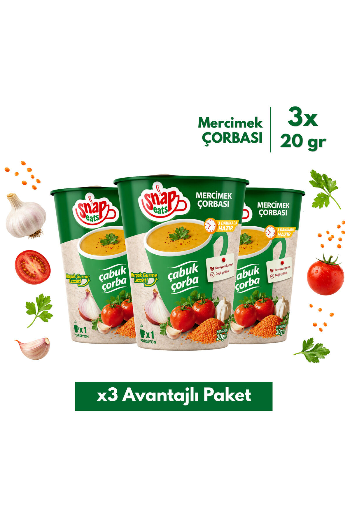 Snap Eats Hazır Çorba | Bardakta Mercimek Çorbası | 20 gr | 3'lü Avantaj Paketi