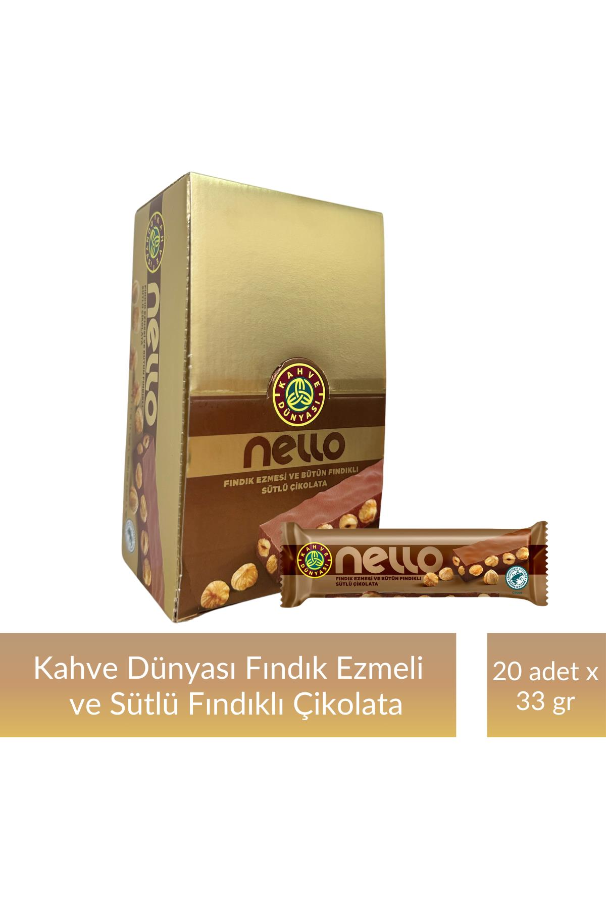 Kahve Dünyası Fındık Ezmesi ve Bütün Fındıklı Sütlü Çikolata 33 gr x 20 Adet