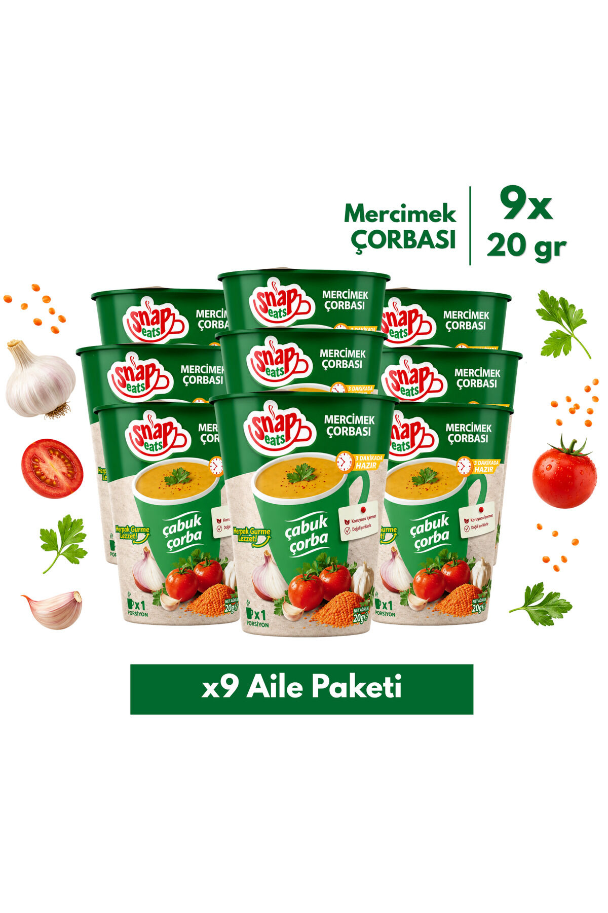 Snap eats Hazır Çorba | Bardakta Mercimek Çorbası | 20 gr | 9'lu Aile Paketi