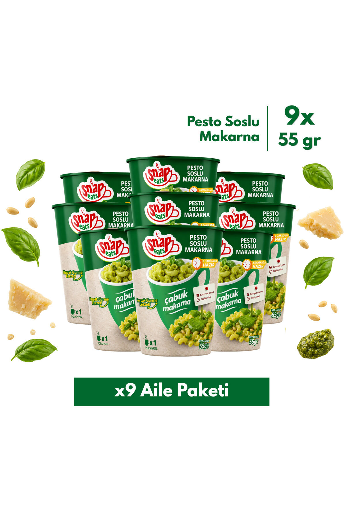 Snap Eats Hazır Makarna | Pesto Soslu Çabuk Makarna | 55 gr | 9'lu Aile Paketi